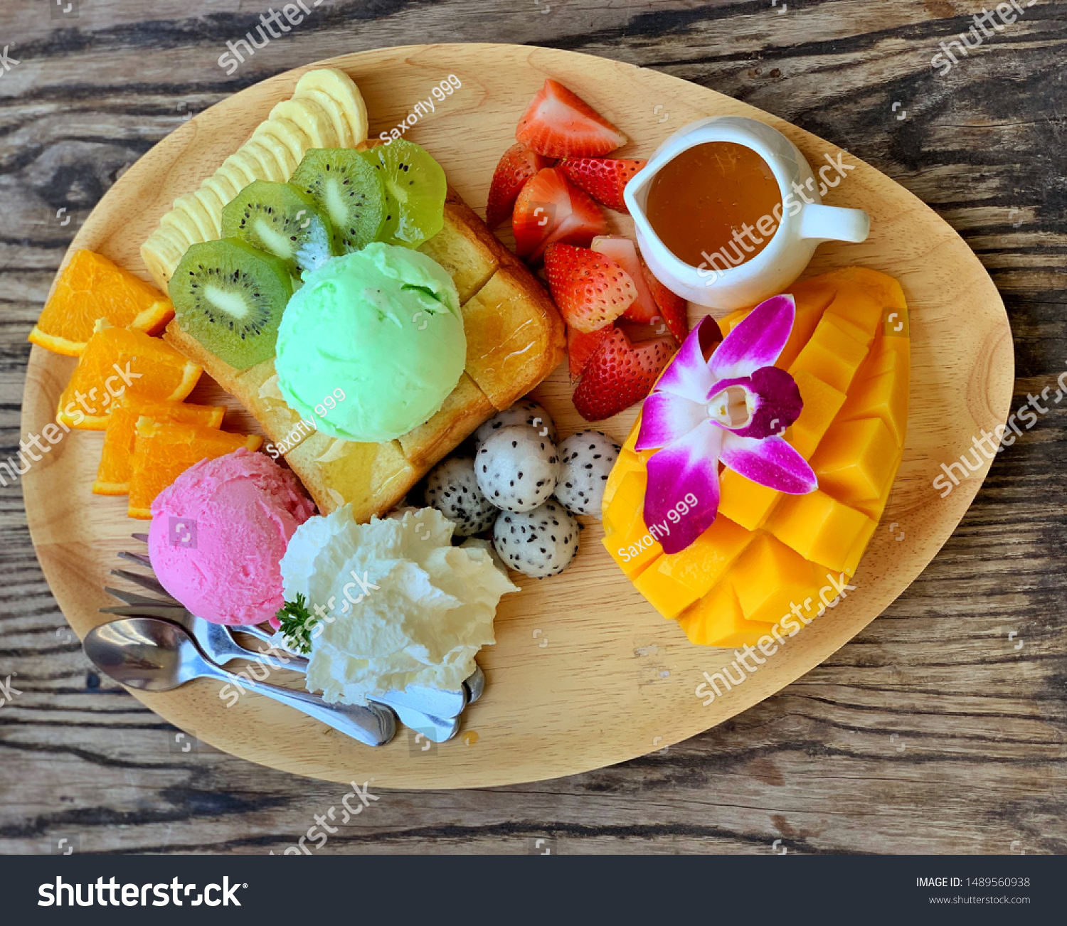 Asian Cuisine Dessert Fruitsorangestrawberrymangodragon Fruit Two Stock Photo Edit Now