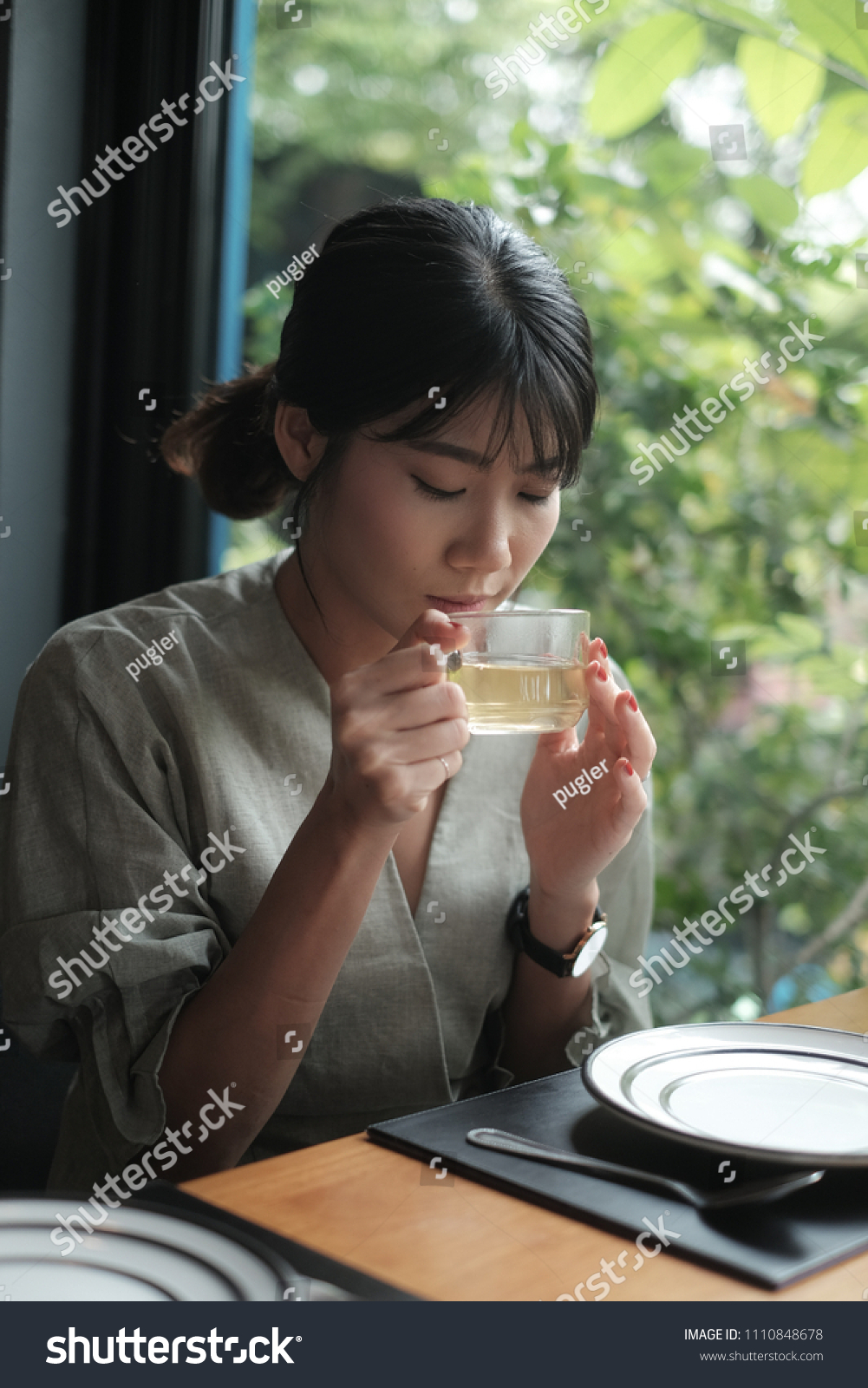 Asian Girl Pony Hair Drinking Natural Stock Photo Edit Now