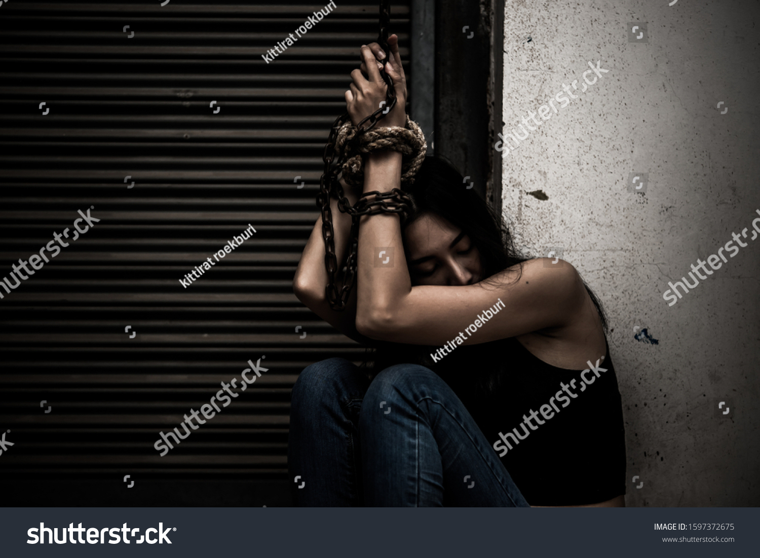 Asian Hostage Woman Bound Rope Night Stock Photo (Edit Now) 1597372675