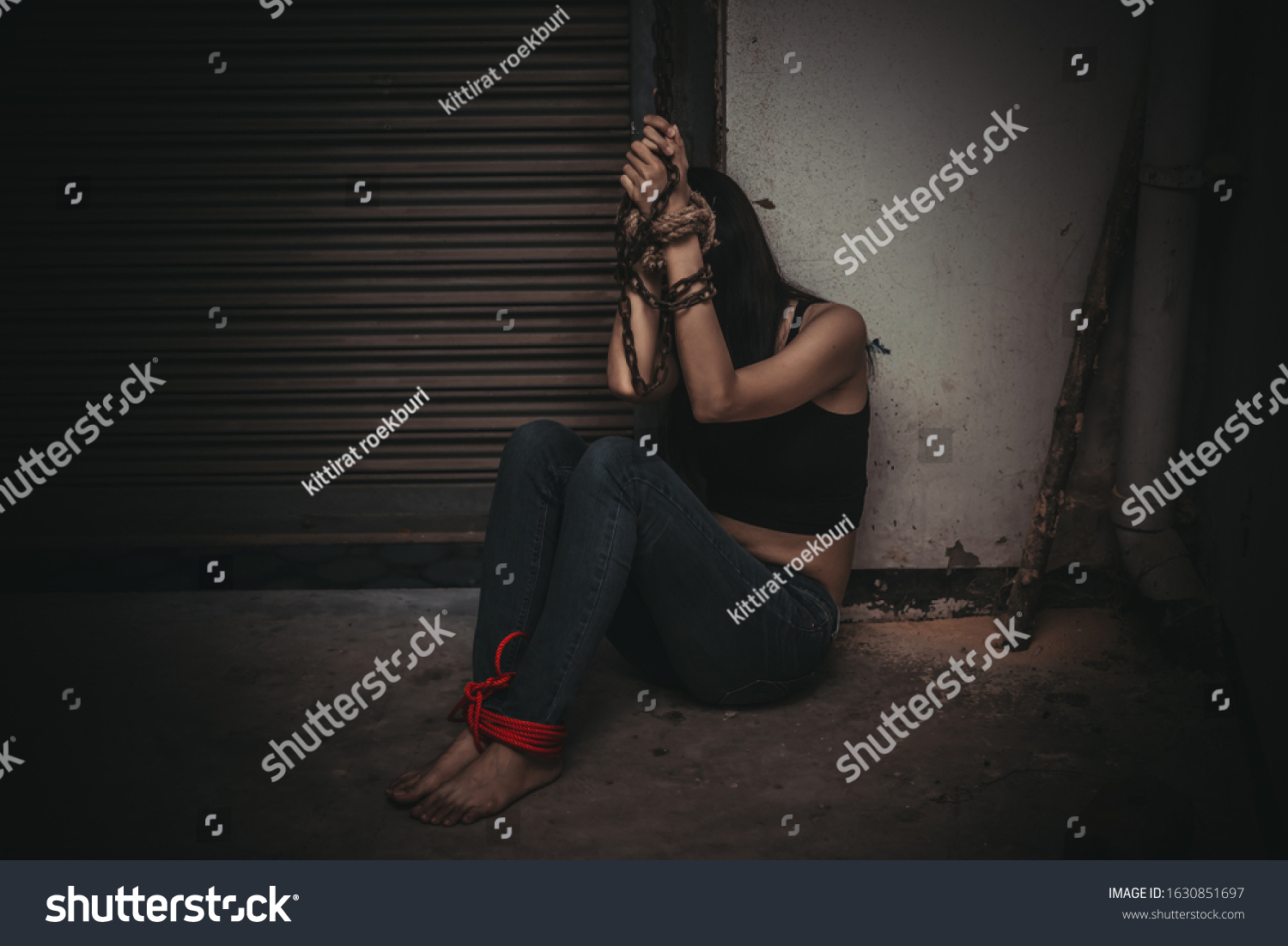 Asian Hostage Woman Bound Rope Night Foto Stock 1630851697 Shutterstock 2887