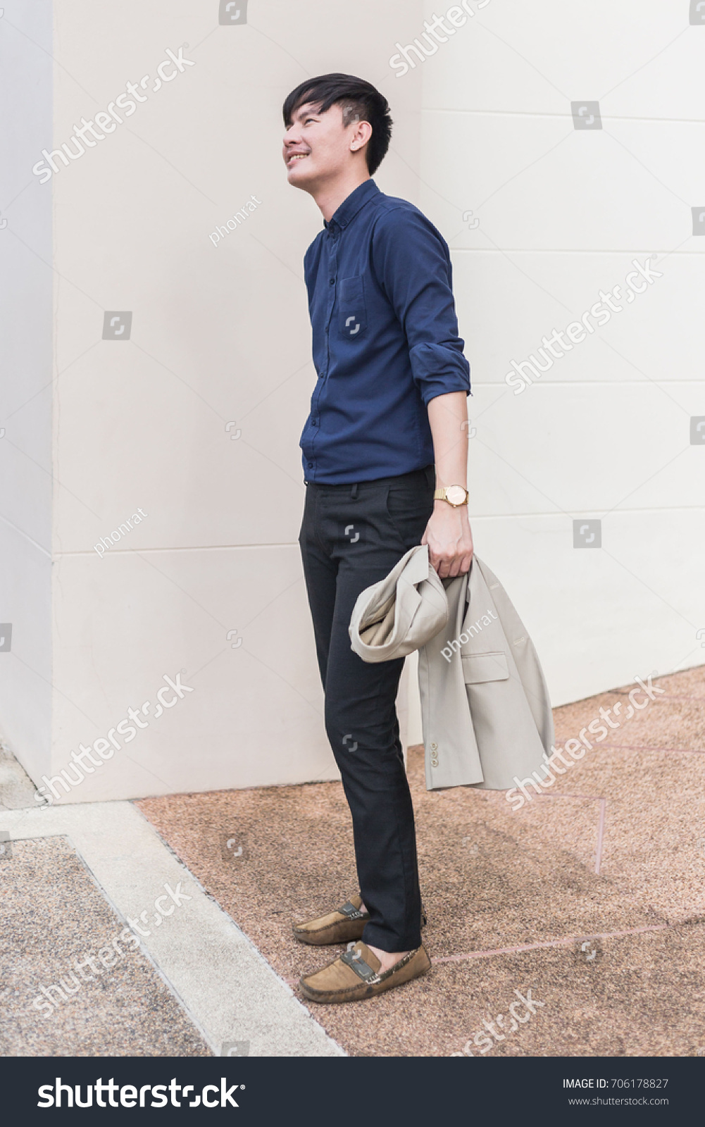 Asian Man Casual Outfits Standing Black 