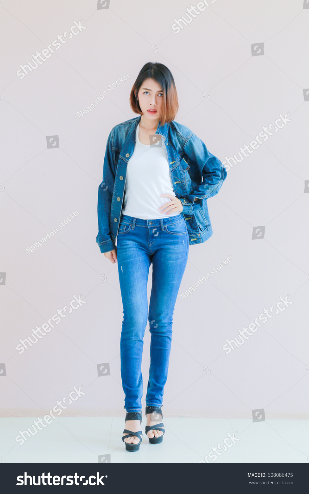 Asian Woman Casual Outfits Standing Jeans Stock Photo Edit Now