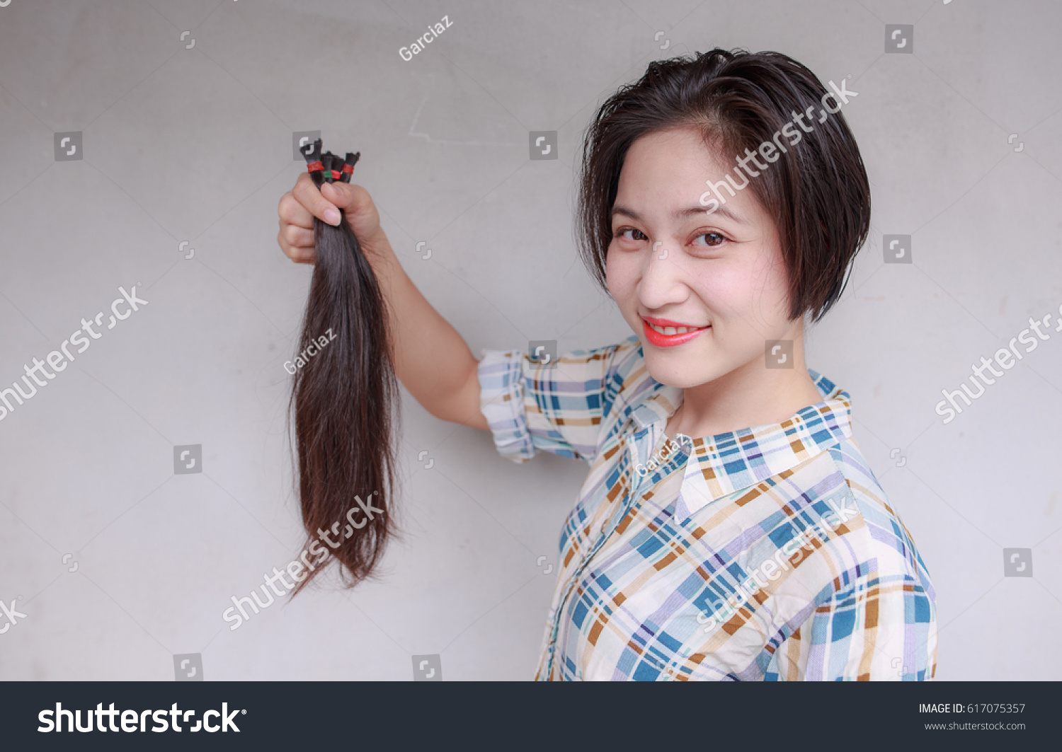 Asian Woman Donating Her Hair Cancer Stock Photo 617075357