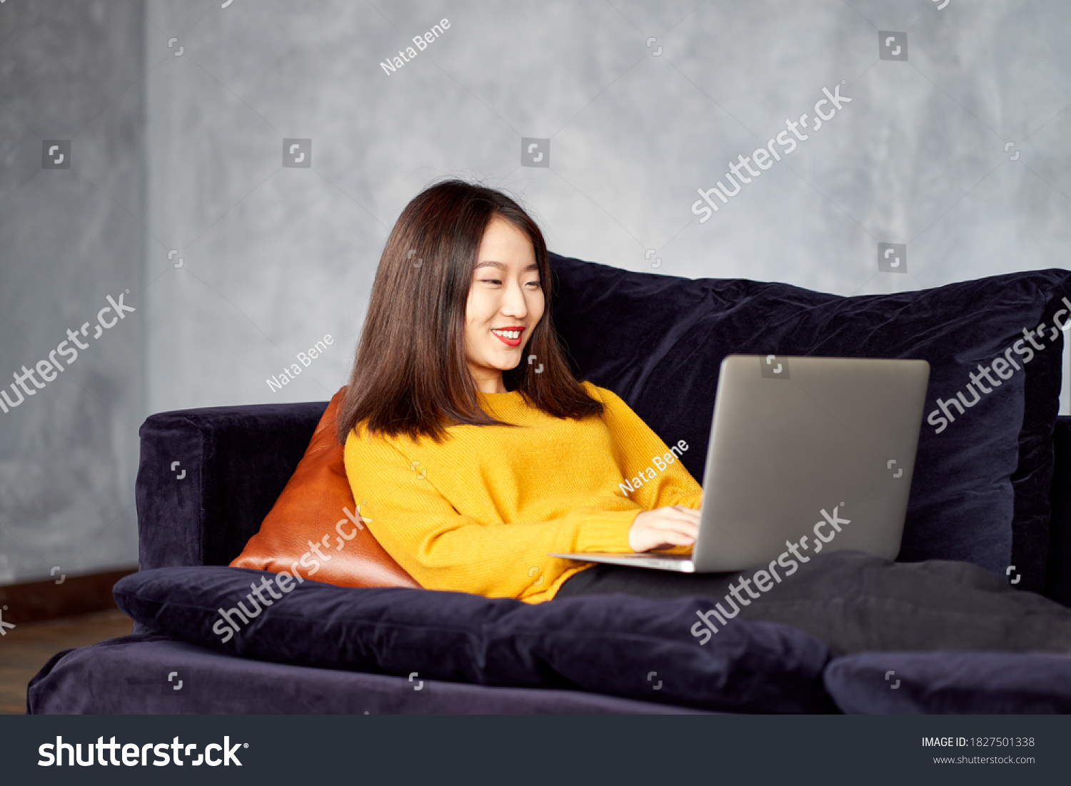 Asian Woman Looking Laptop Working Home Stock Photo (Edit Now) 1827501338