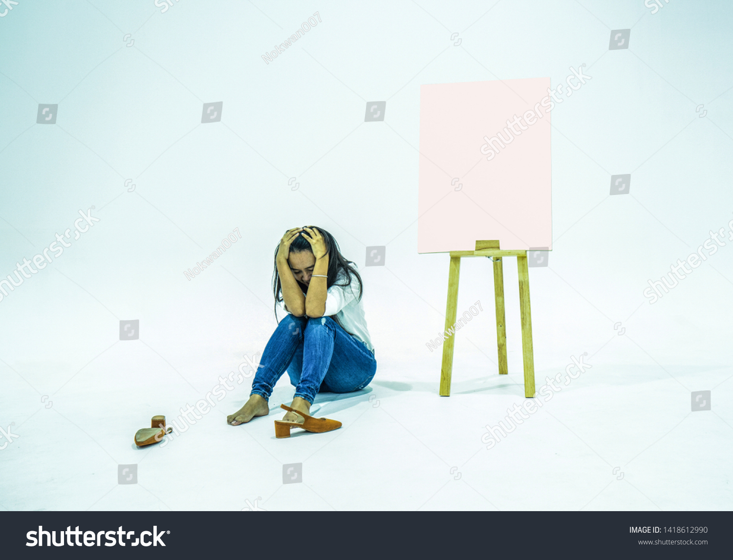 Asian Woman Sitting On Floor Put Stock Photo Edit Now 1418612990