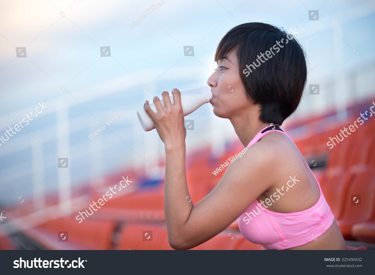 Asian Women Short Hair Drinking Milk Stock Photo Edit Now 325490432