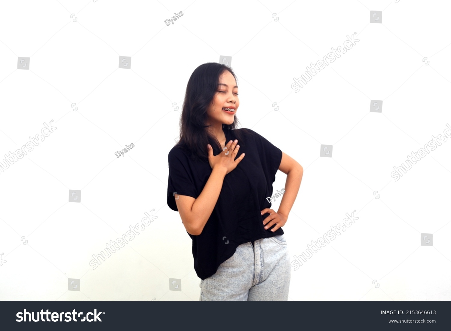 Asian Young Woman Feels Relieved Happy Stock Photo 2153646613