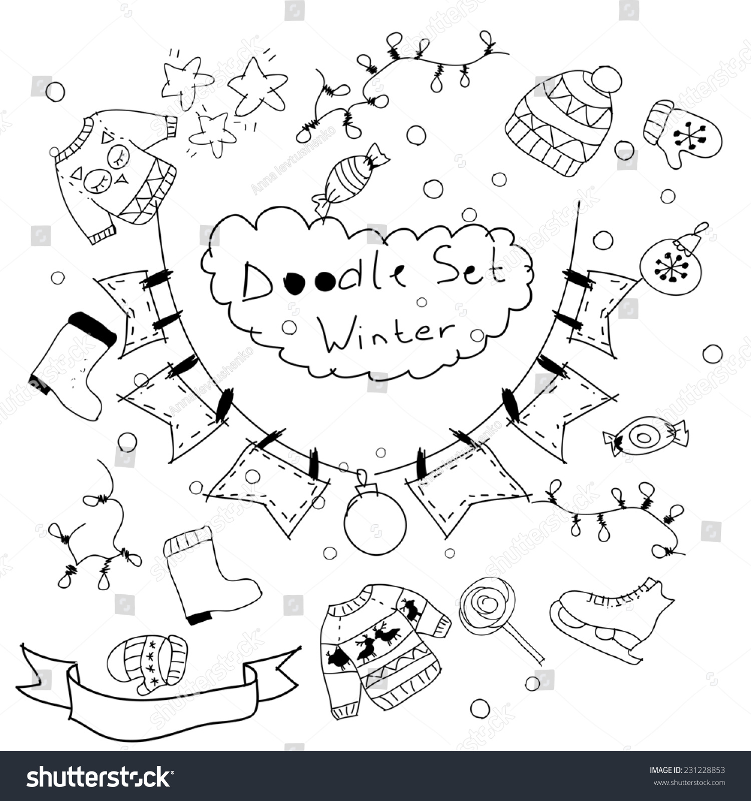 Assorted Doodle Christmas Black White Icons Stock Illustration