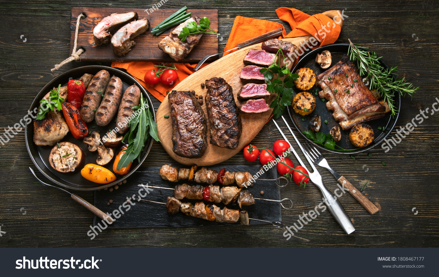 Assorted Grilled Meat Vegetables On Wooden Stock Photo 1808467177 ...