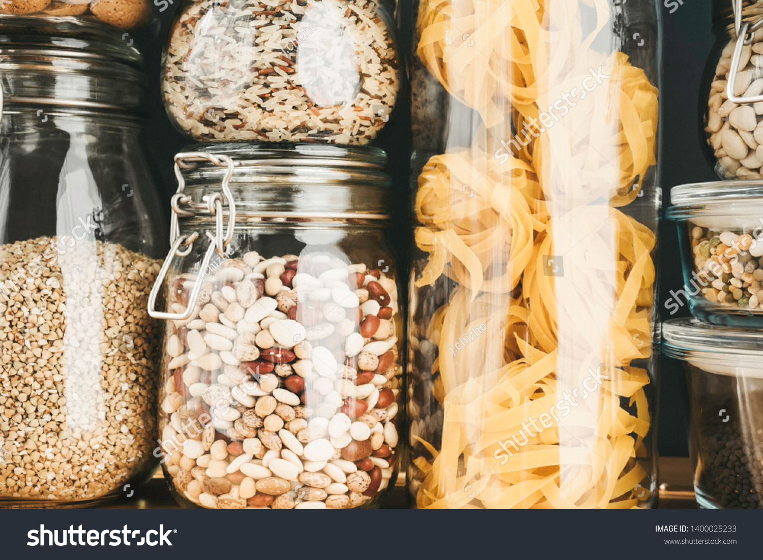 Assortment Grain Products Pasta Glass Storage Stock Photo Edit