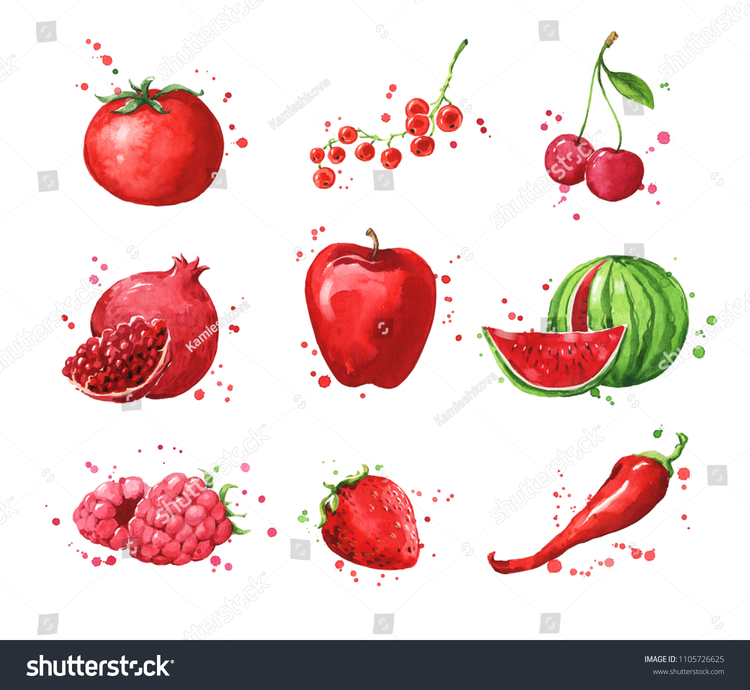 赤い食べ物 水色の果物 野菜の盛り合わせ のイラスト素材
