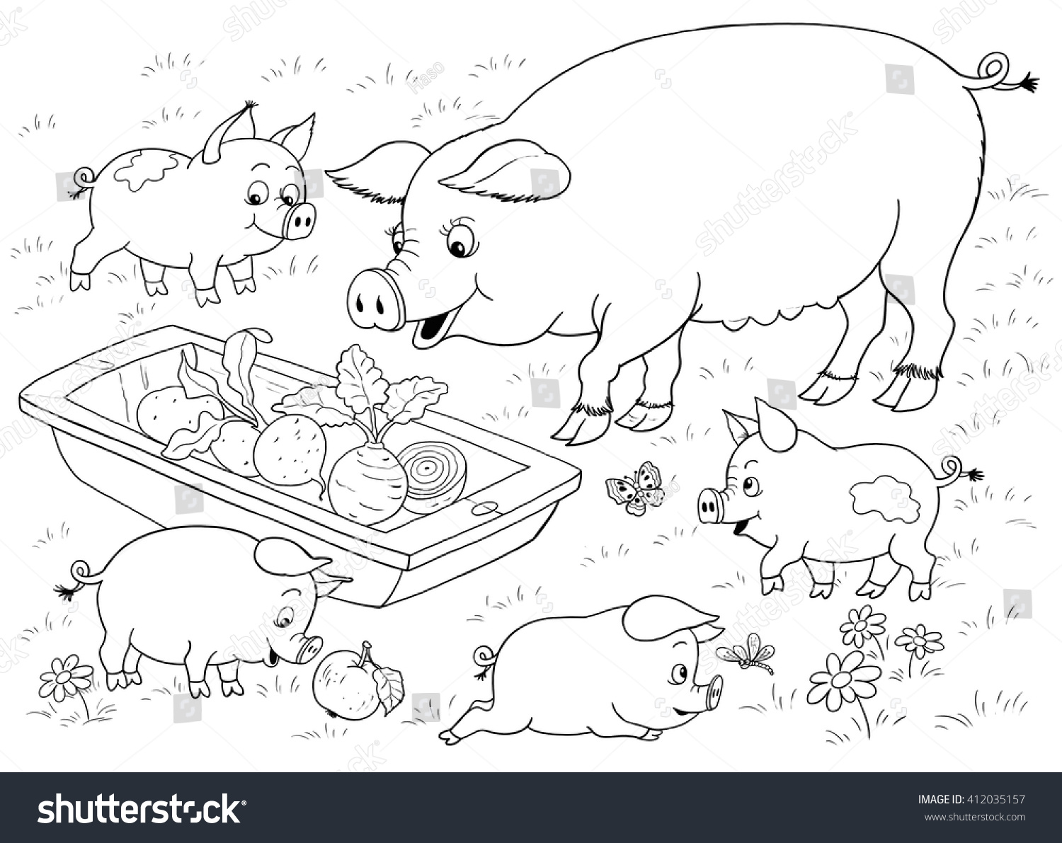 Farm animals Cute mother pig and her babies are having dinner