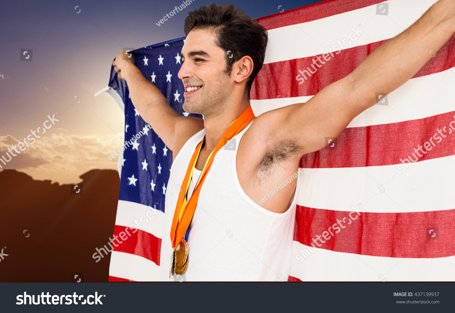 Athlete Posing Gold Medals American Flag Stock Photo 437139937 ...