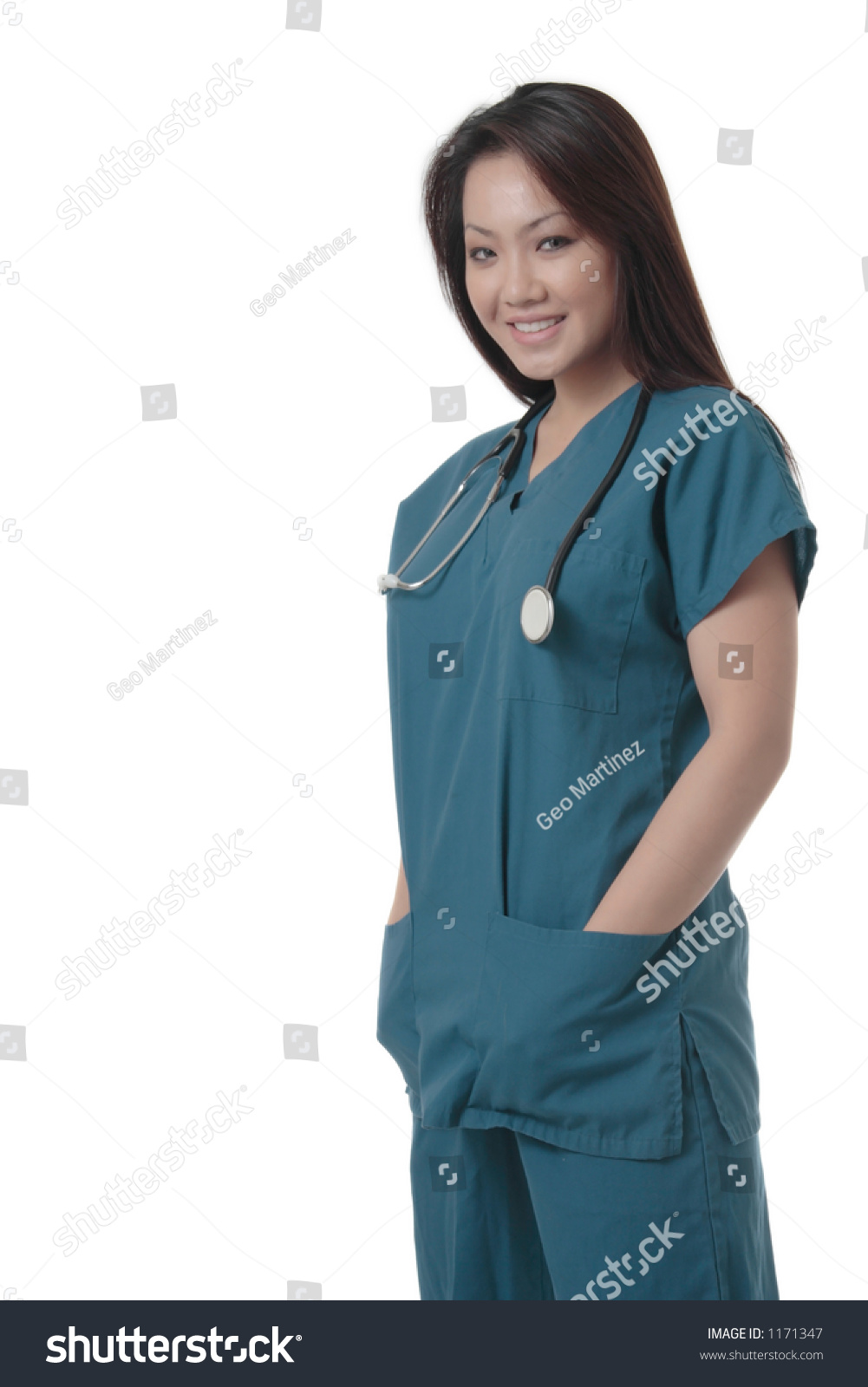 Attractive Asian Nurse Scrubs Hands Pocket Stock Photo Edit Now 1171347