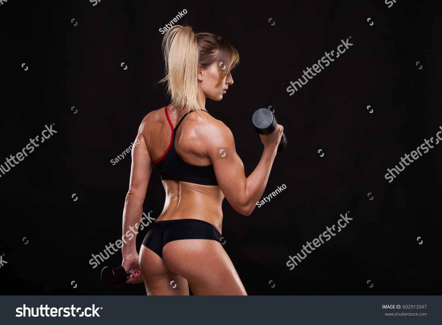 Attractive Athletic Woman Pumping Muscles Dumbbells Stock Photo Edit Now 602913347