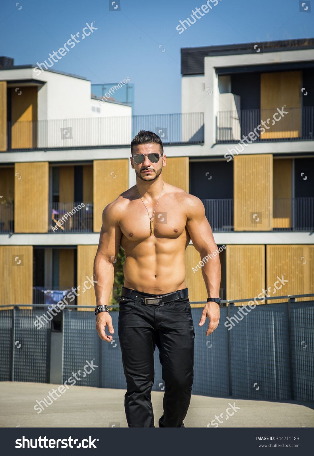 Shirtless Muscular Men Jeans Bodybuilder Wearing Stock 