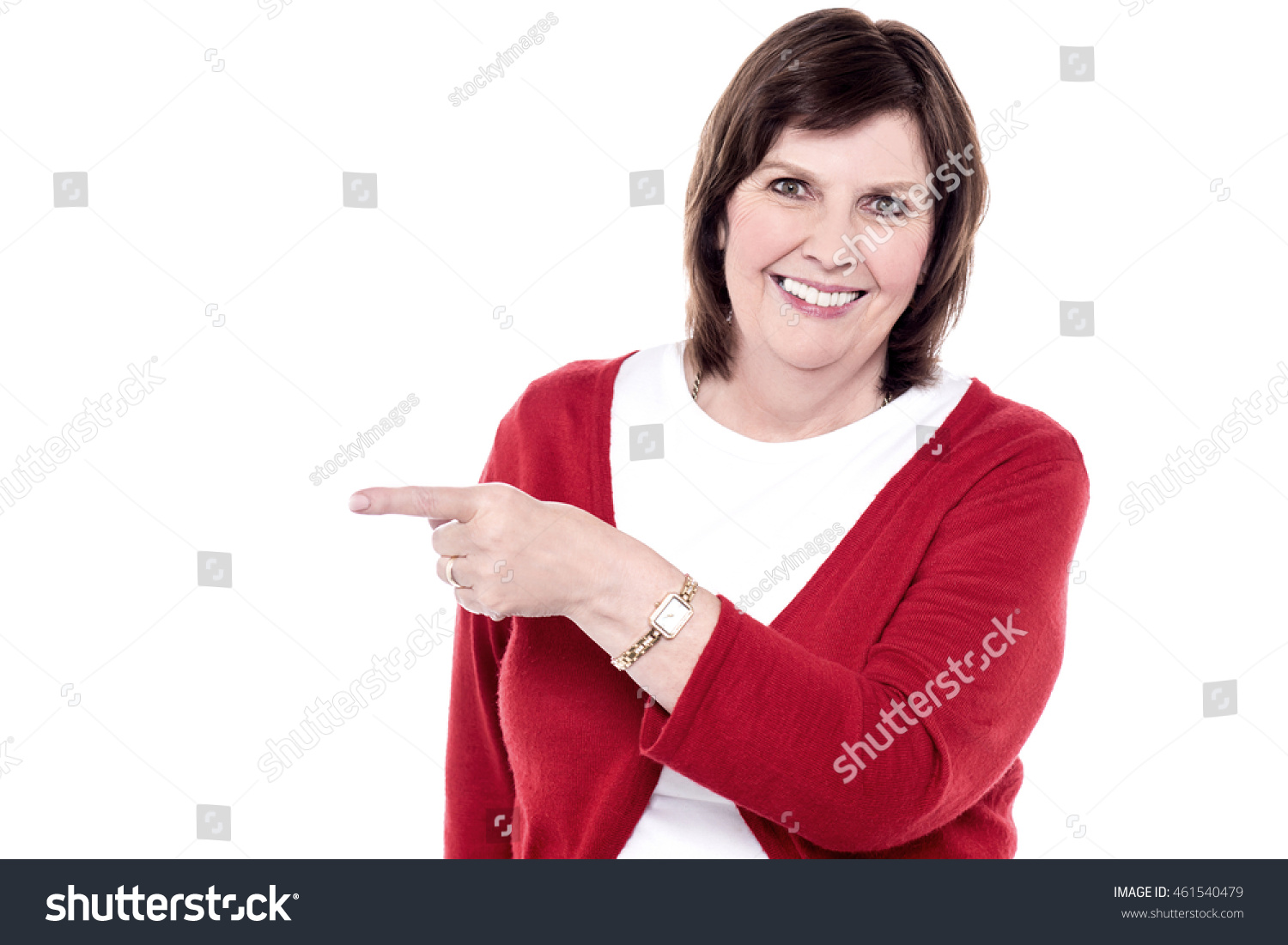 Attractive Mature Lady Pointing Towards Copy Foto Stok 461540479