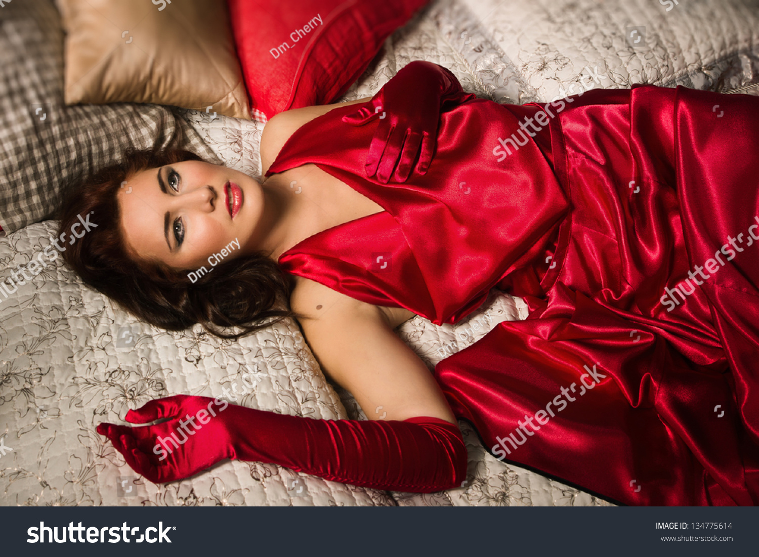 Brunette in red dress