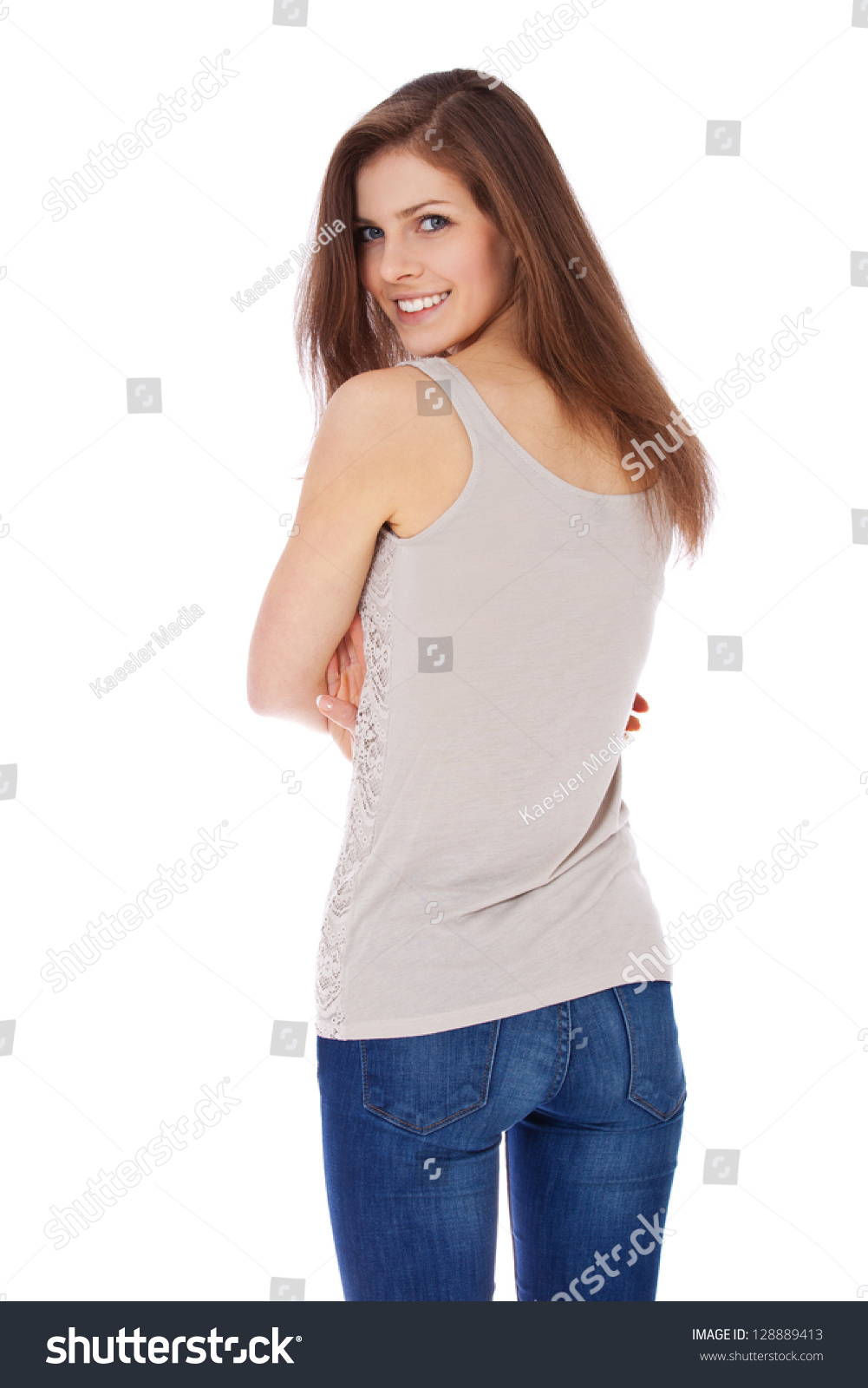 Attractive Teenage Girl Looking Over Shoulder. All On White Background ...