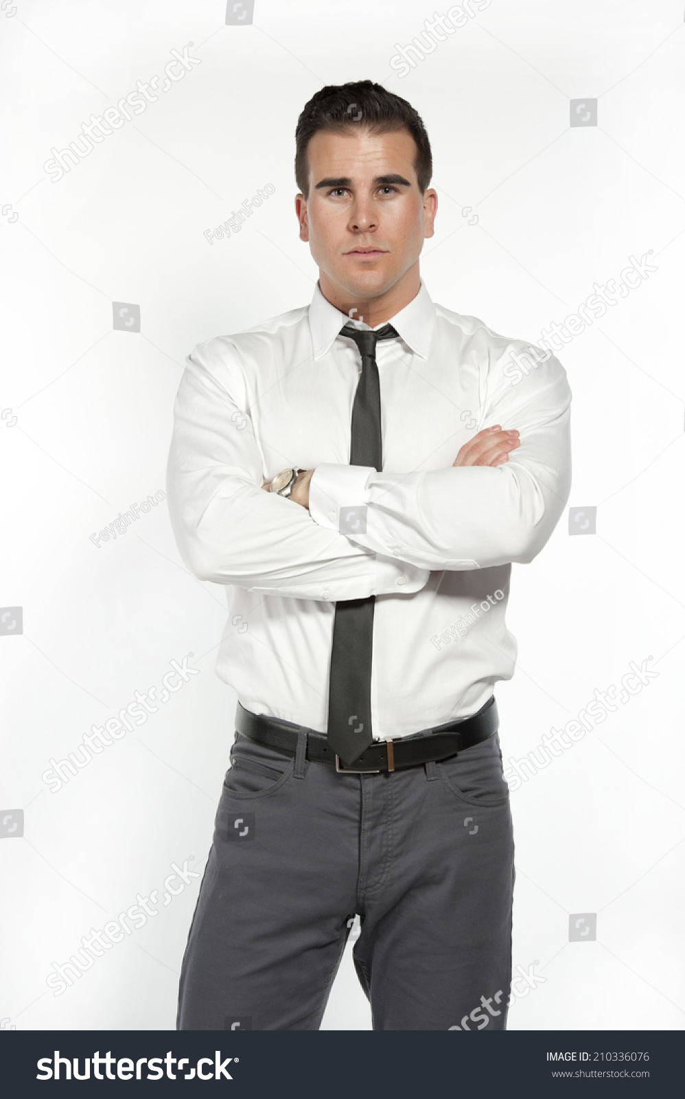 white shirt grey pants tie