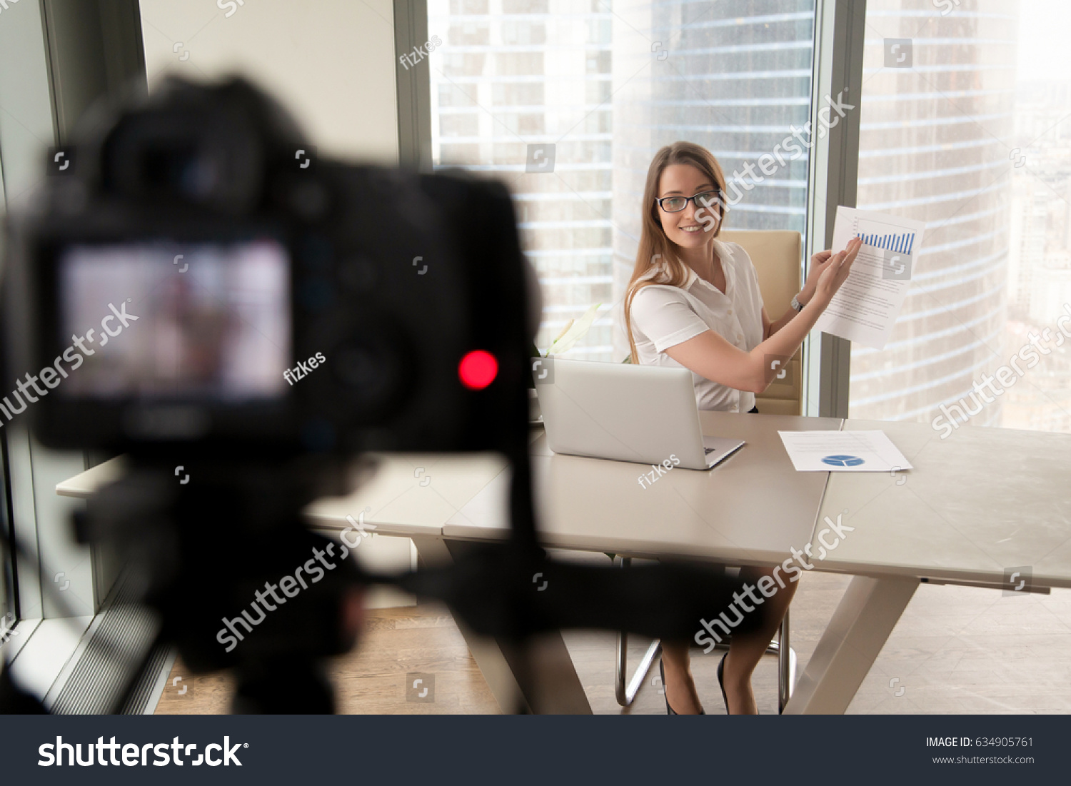 Attractive Woman Sitting Desk Laptop Showing Stock Photo Edit Now