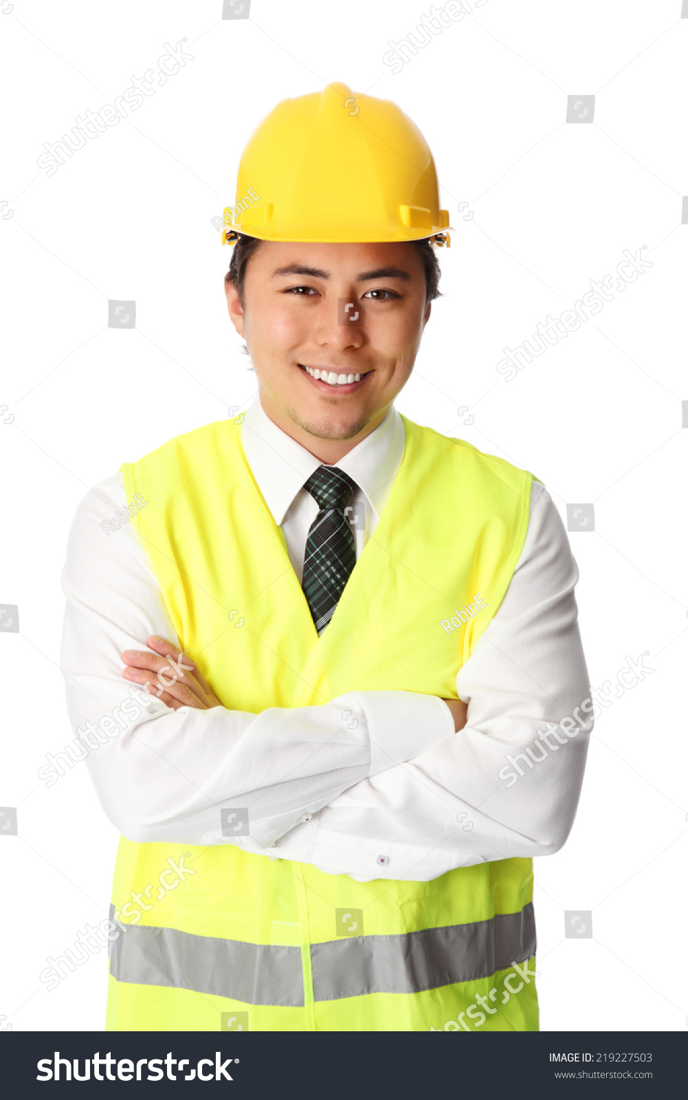 Attractive Young Construction Worker Wearing White Stock Photo ...