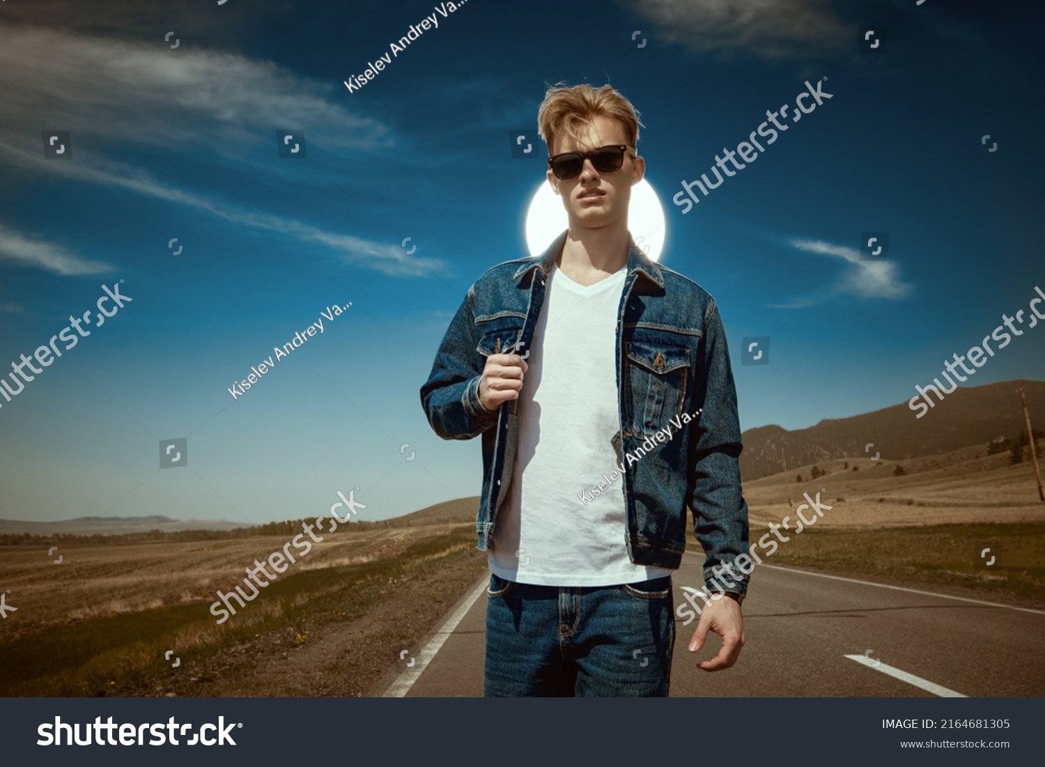 Attractive Young Man Hitchhiker Denim Clothes Stock Photo 2164681305 ...