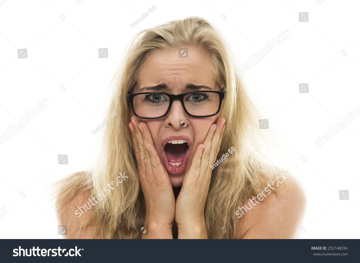 Attractive Young Woman With Long Blond Hair Wearing Glasses Reacting ...