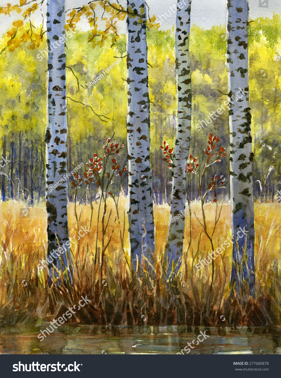 Yellow Leaves Of Birches Fall Season Long Shadows Oil Original Painting 14x18 inche For Sale