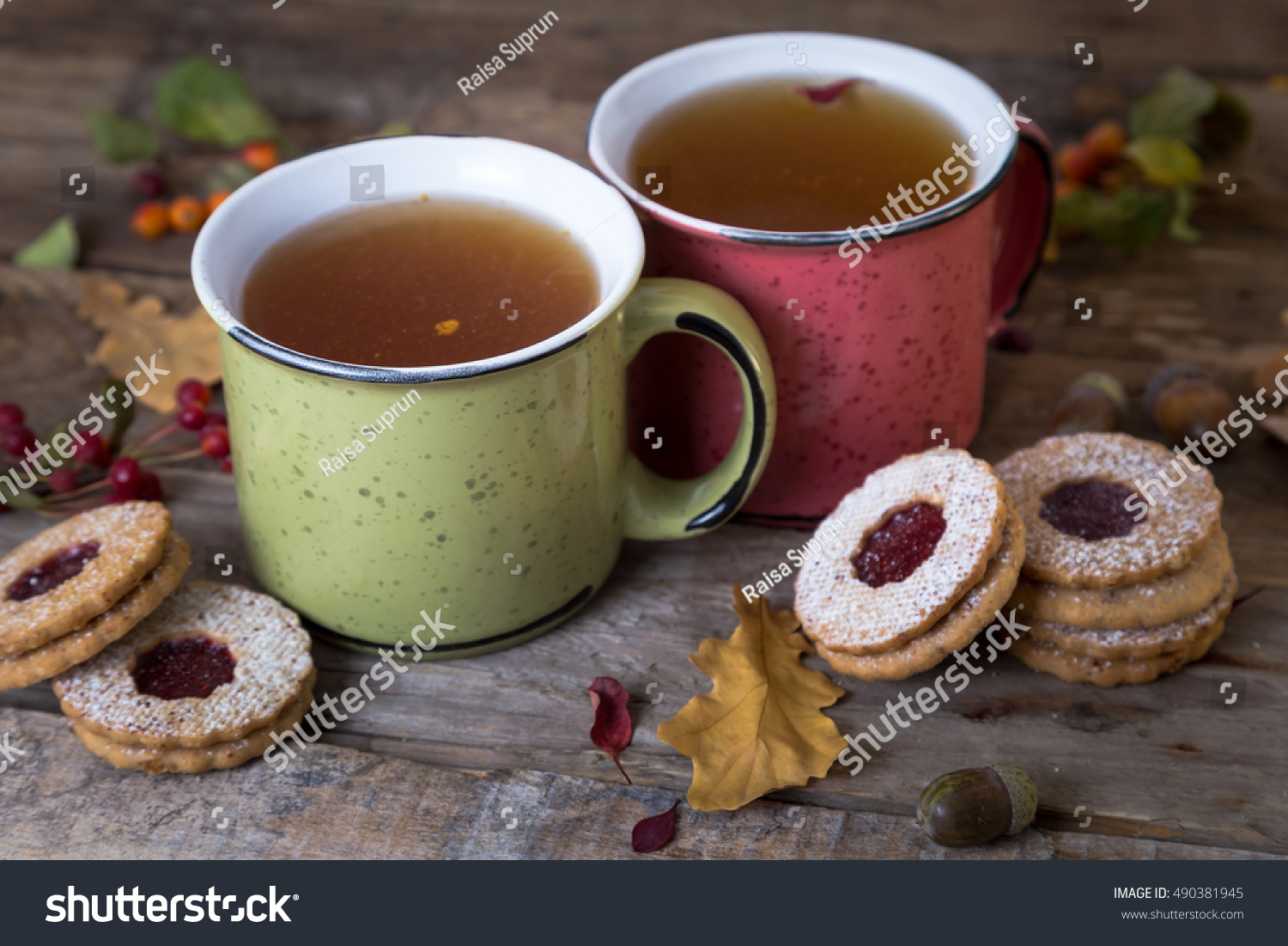 Autumn Tea Time Two Mugs Tea Stock Photo Edit Now 490381945