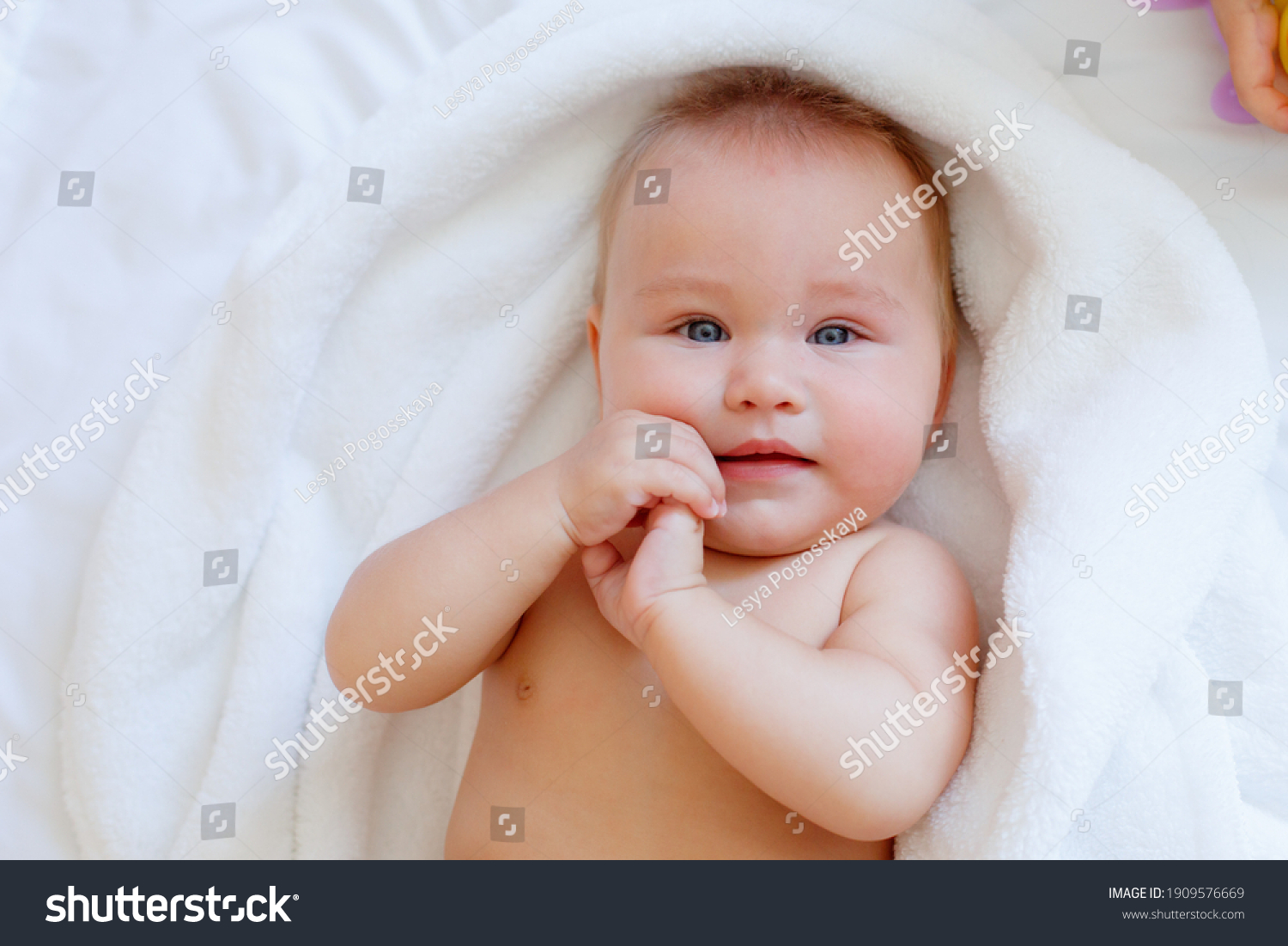 Baby After Bathing Wrapped Towel Lying Stock Photo Shutterstock