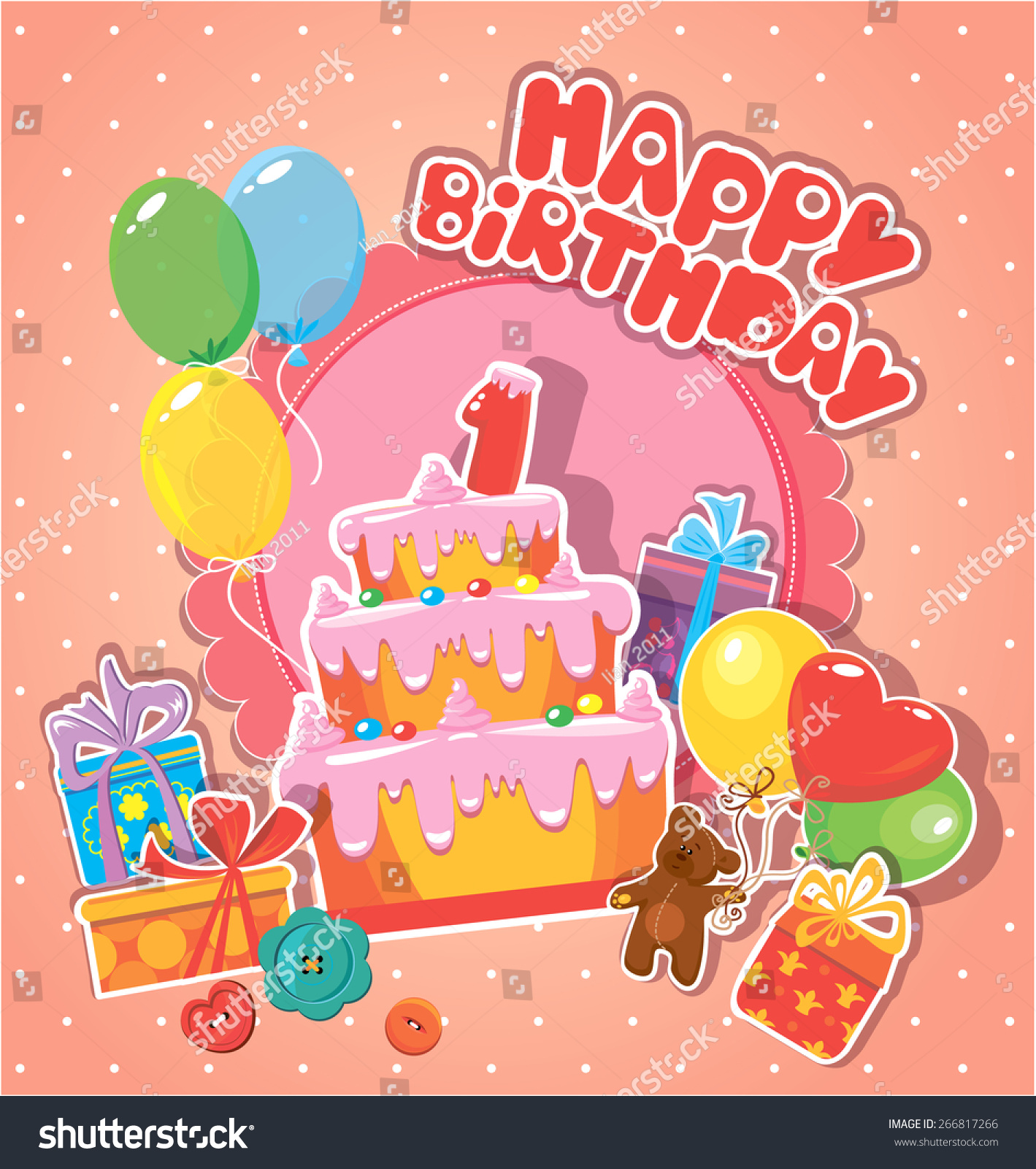 Baby Birthday Card With Teddy Bear, Big Cake And Gift Boxes. One Year ...