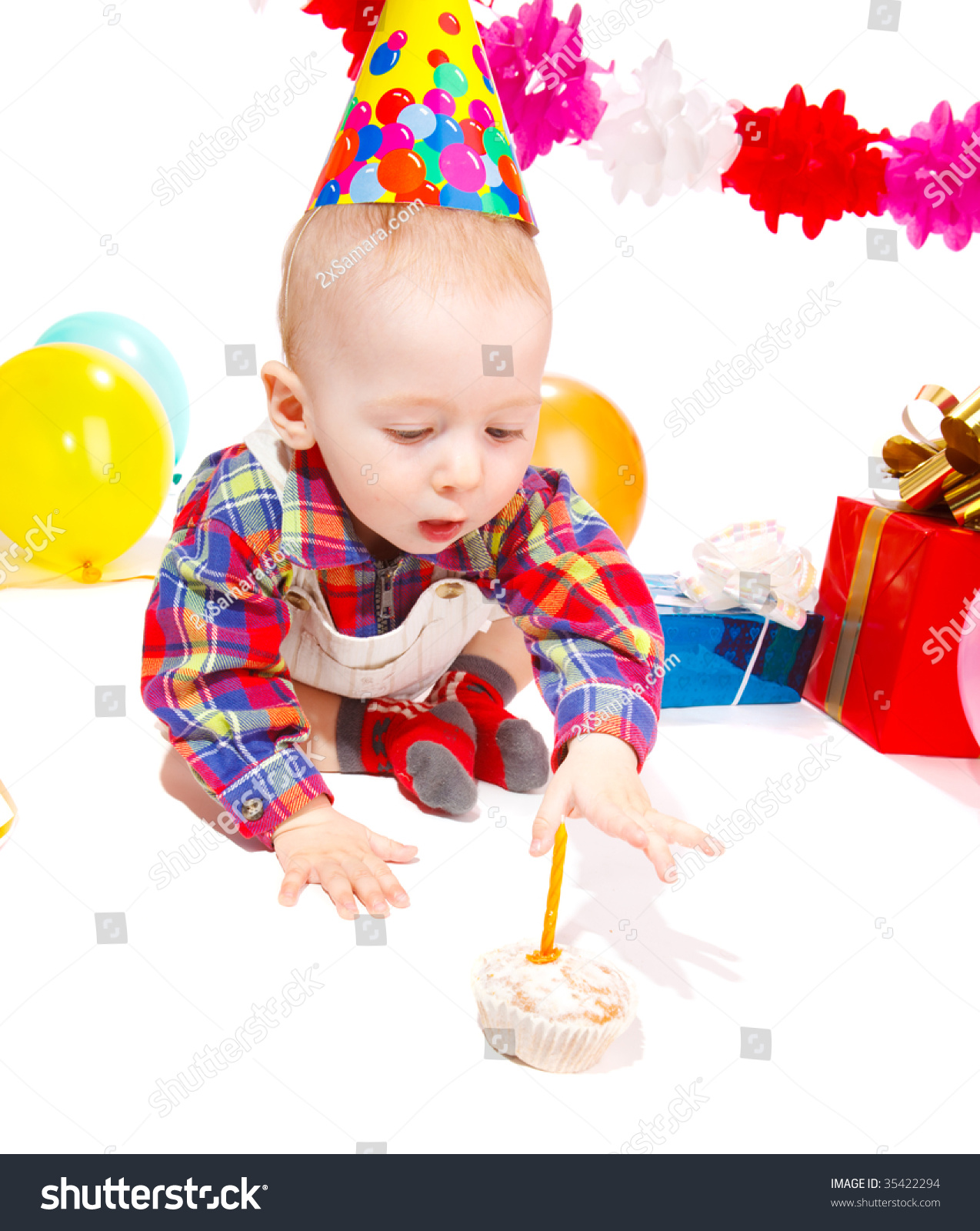 Baby Boy Celebrating His First Birthday, Isolated Stock Photo 35422294 ...