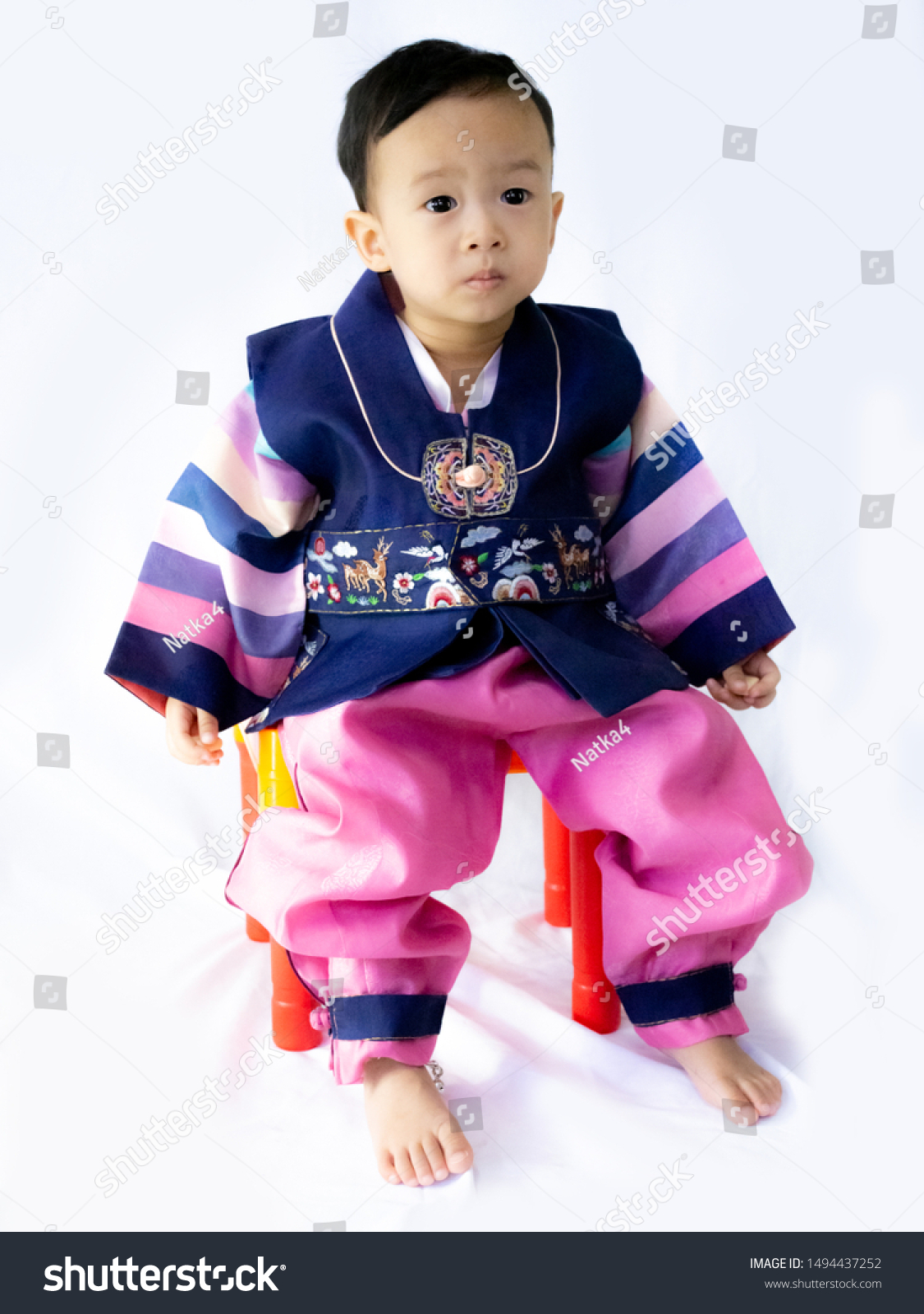 Baby Boy Wearing Korean Traditional Hanbok Stock Photo 1494437252
