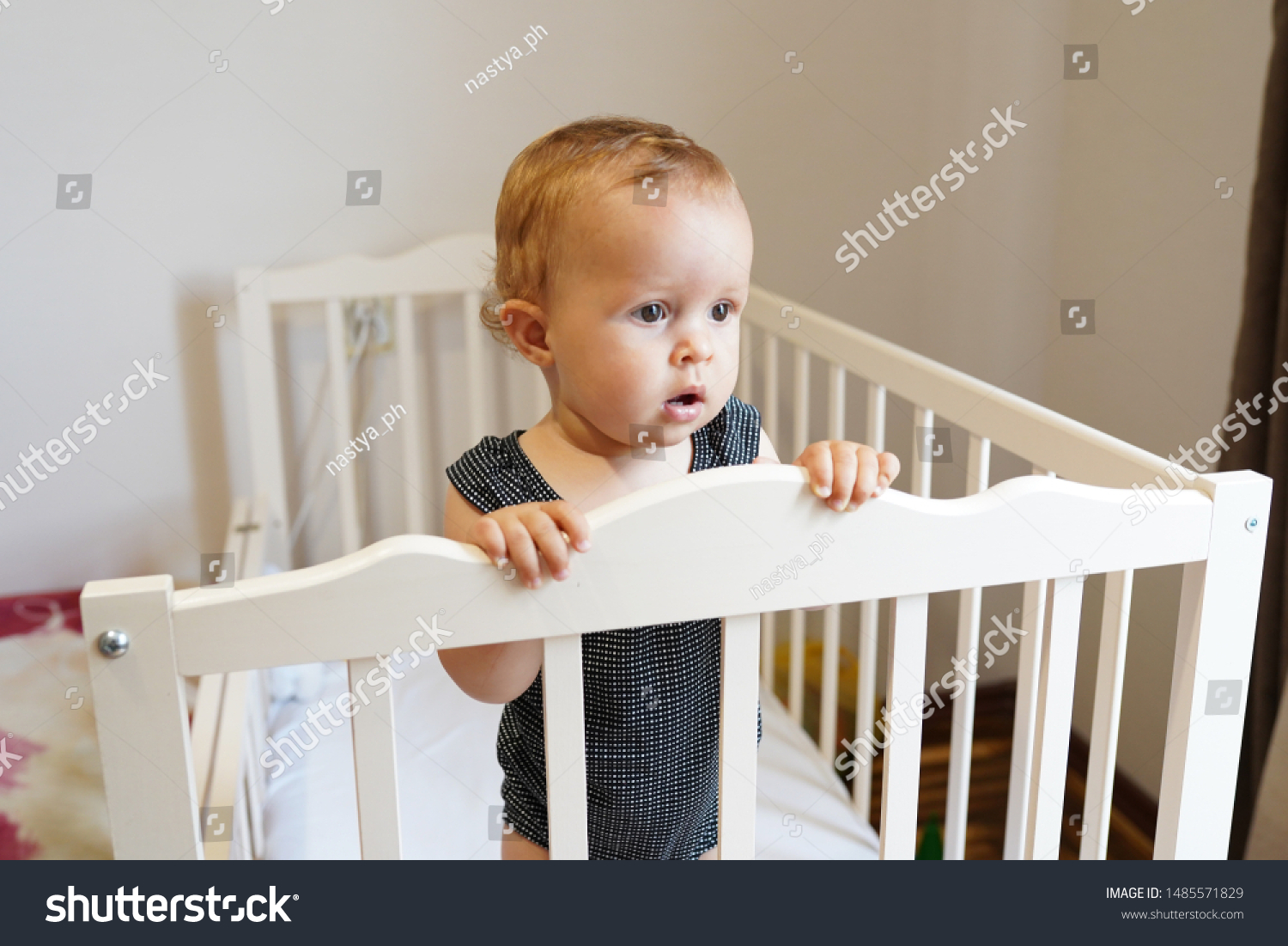 Baby Standing Crib Cute Baby Girl Stock Photo Edit Now 1485571829