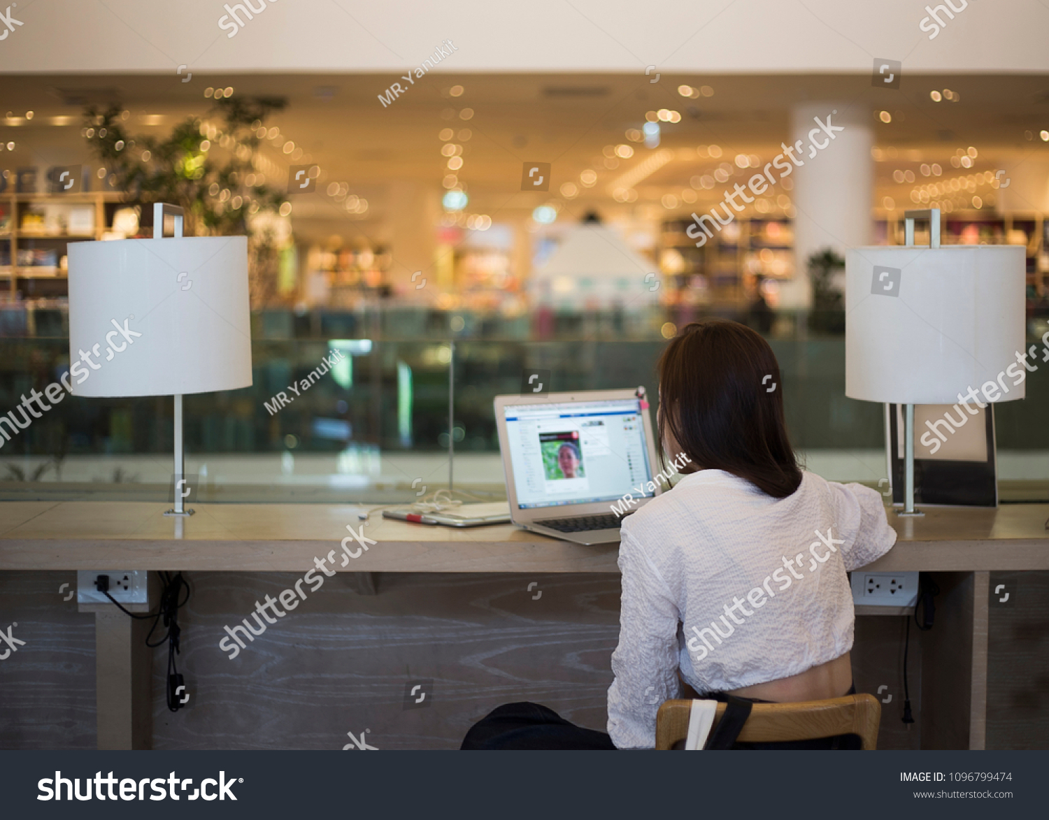 Back Lady Use Laptop On Coworking Stock Photo Edit Now 1096799474