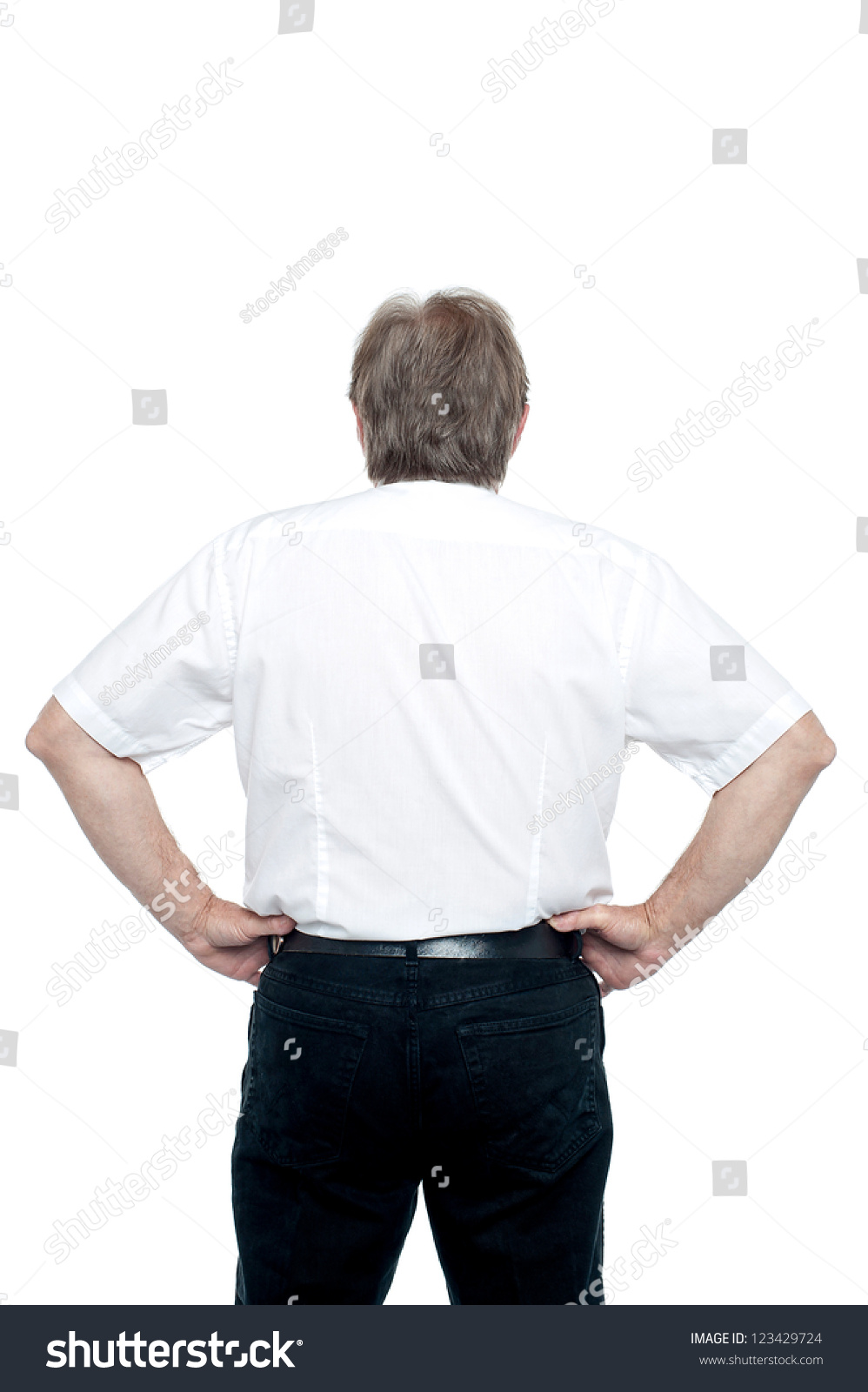 Back Pose Of A Senior Man Standing With Hands On His Waist. All On ...