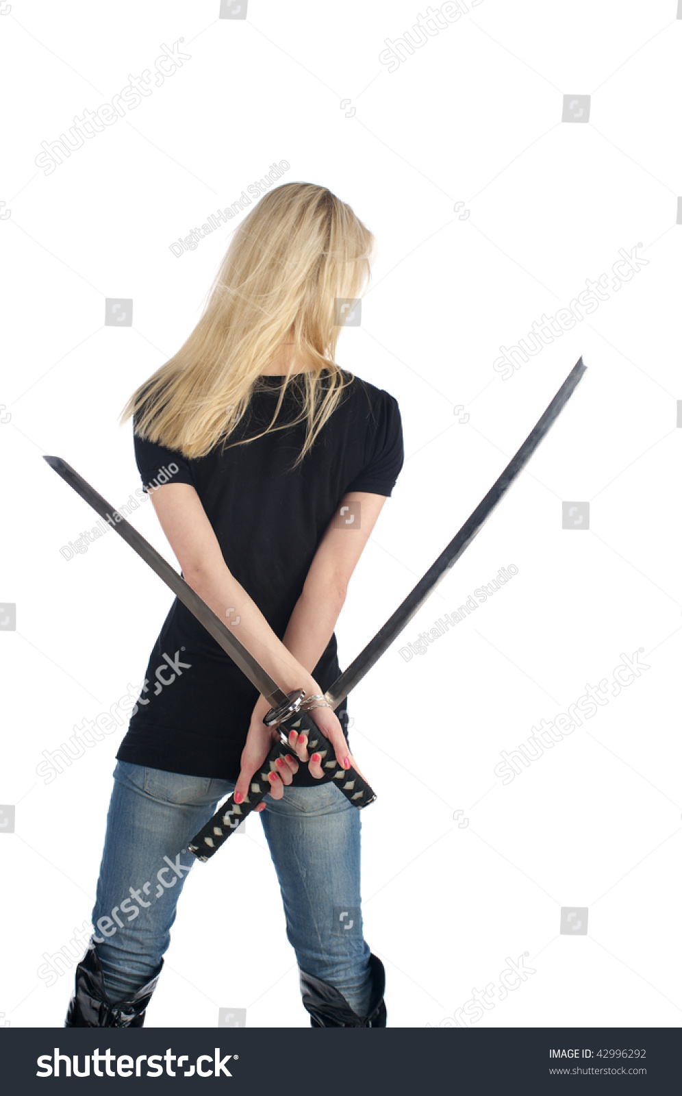 Back View Of Young Woman With A Two Swords, Isolated On The White ...