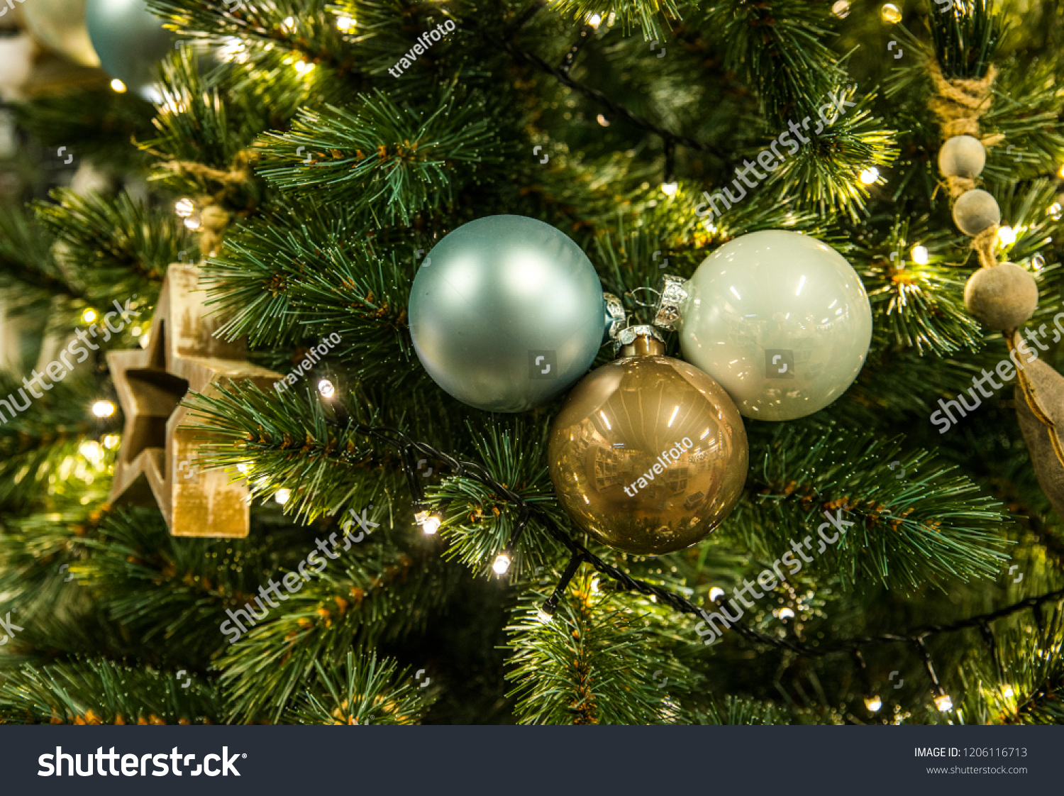 Download Background Christmas Tree Decorations Green Yellow Stock Photo Edit Now 1206116713 PSD Mockup Templates