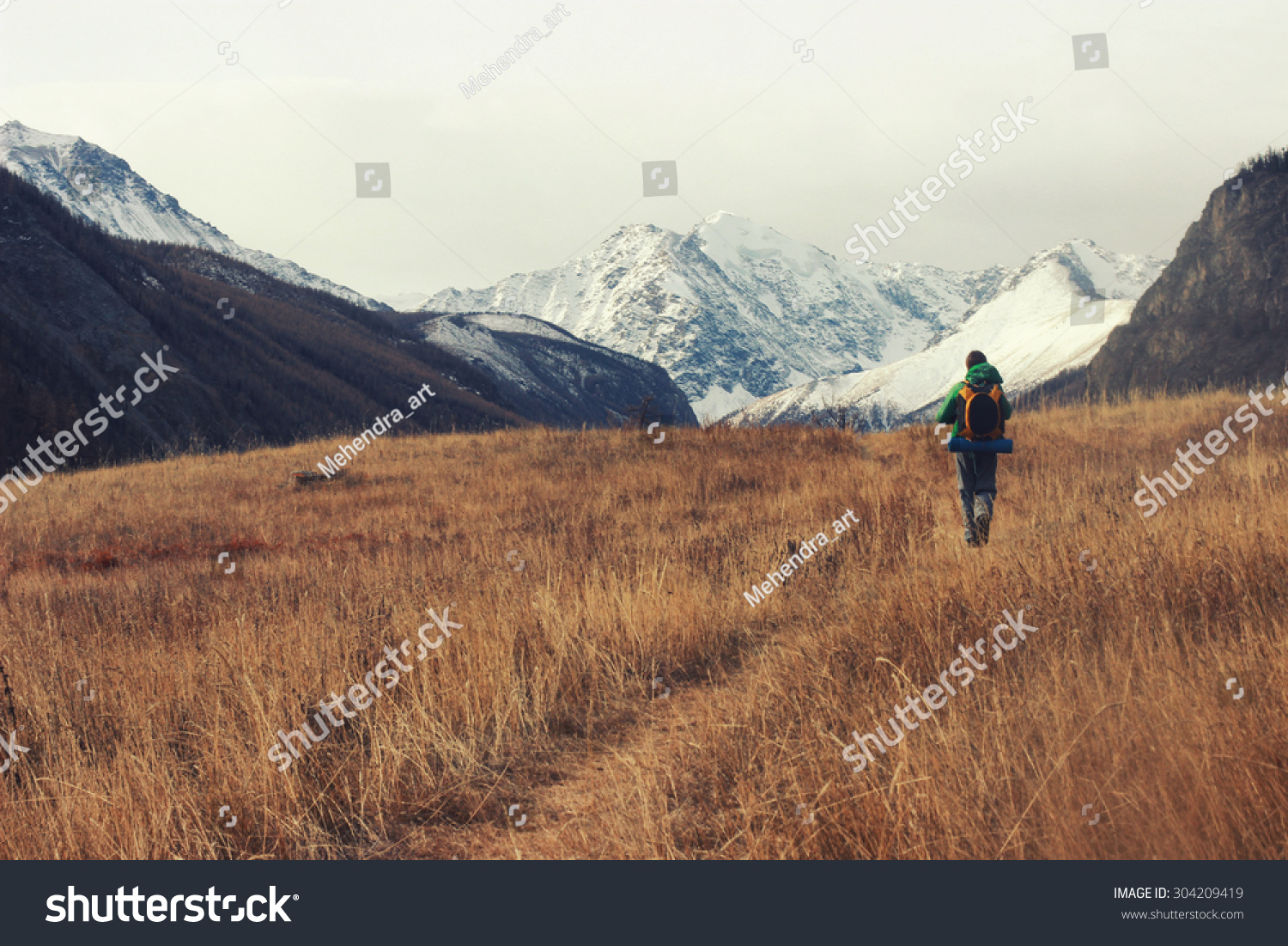 Backpacker Go Into Mountains Happy Travel Stock Photo ...