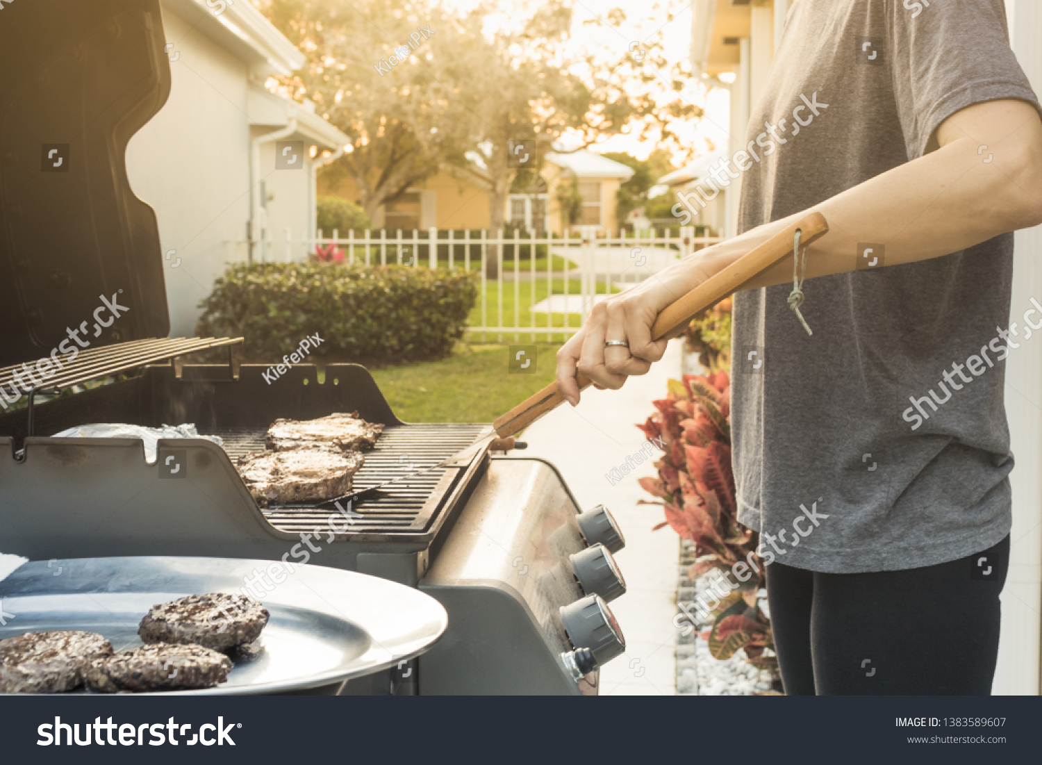 Backyard Bbq Person Cooking Steak Hamburger Stock Photo Edit Now 1383589607