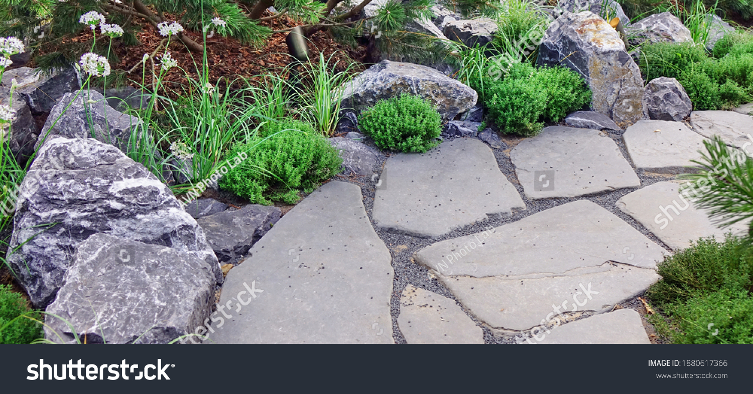 228 570 Walkway Stones Images Stock Photos Vectors Shutterstock   Stock Photo Backyard Garden Modern Design Landscaping Landscaped Back Yard Decorative Garden With Pathway Or 1880617366 