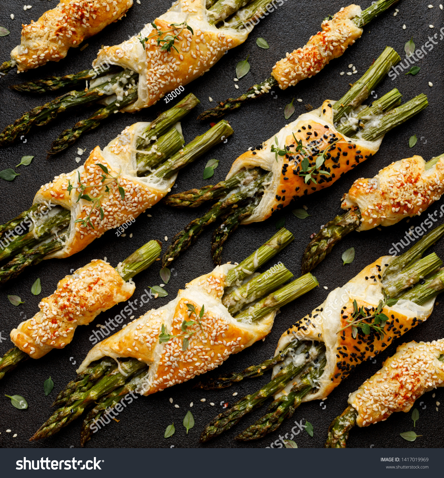 Baked Green Asparagus Puff Pastry Sprinkled Stock Photo Edit Now 1417019969