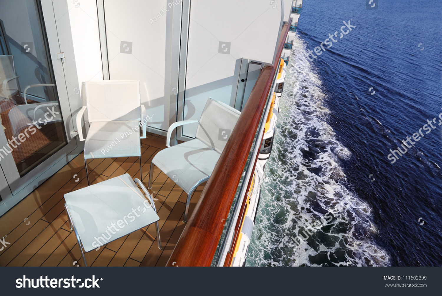  Teal Resting Curve Template Design Featuring Balcony with White Chairs and Table on Ship