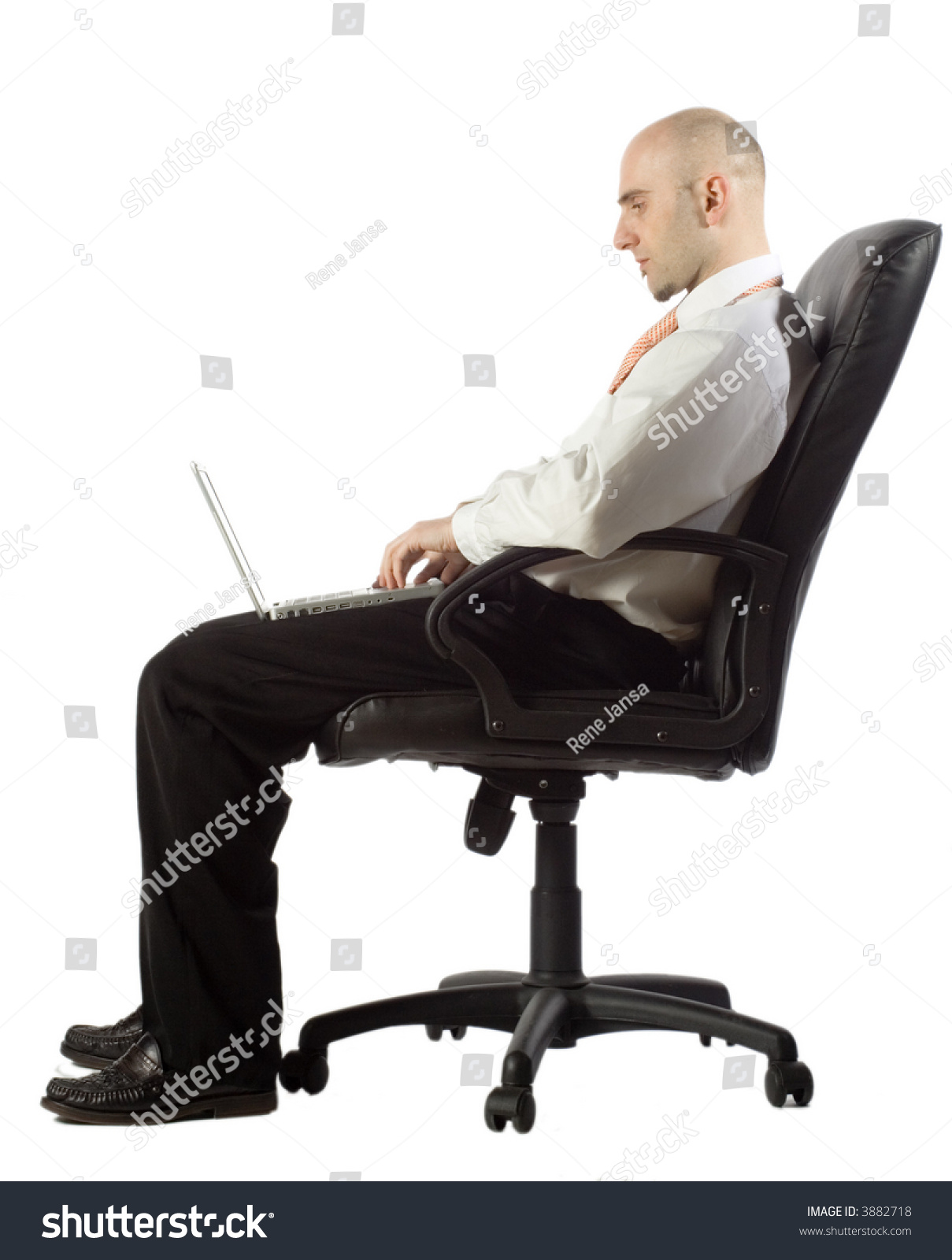 Bald Businessman Sitting Office Chair Works Stock Photo Edit Now 3882718