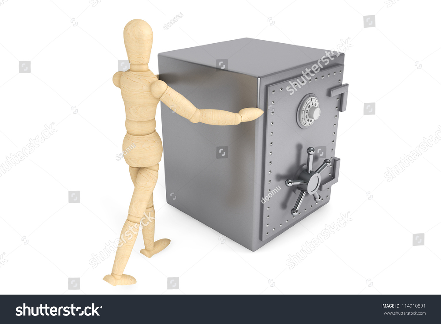 Banking Concept. Wooden Dummy And Bank Safe On A White Background Stock ...