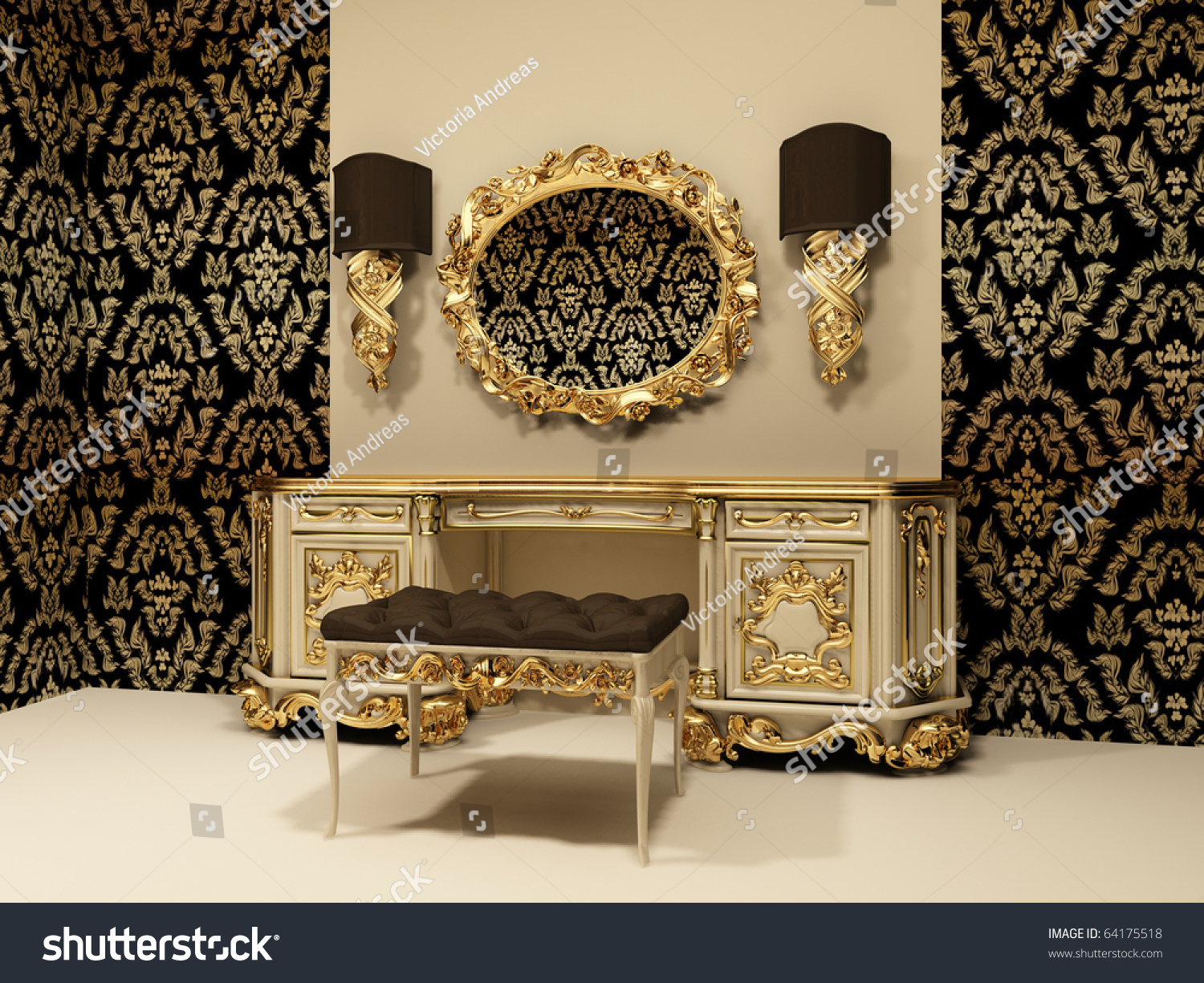 Baroque Table Mirror On Wallpaper Background Stock Illustration