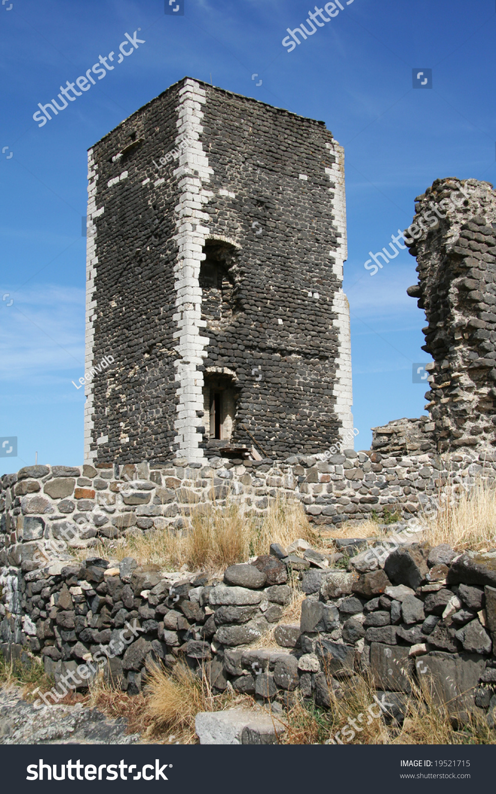 Basalt Tower Of Castle Ruin In Mirabel, Ardeche Mountains, France ...