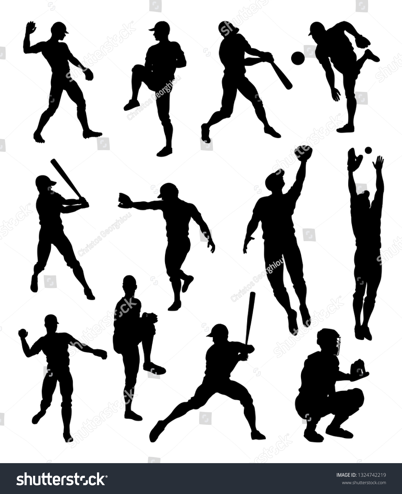 野球選手はさまざまなポーズのシルエットスポーツを細かく描写した のイラスト素材