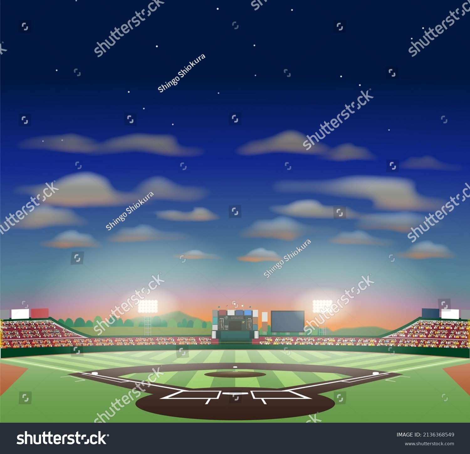 Baseball Stadium Sunset Sky Version Stock Illustration 2136368549 